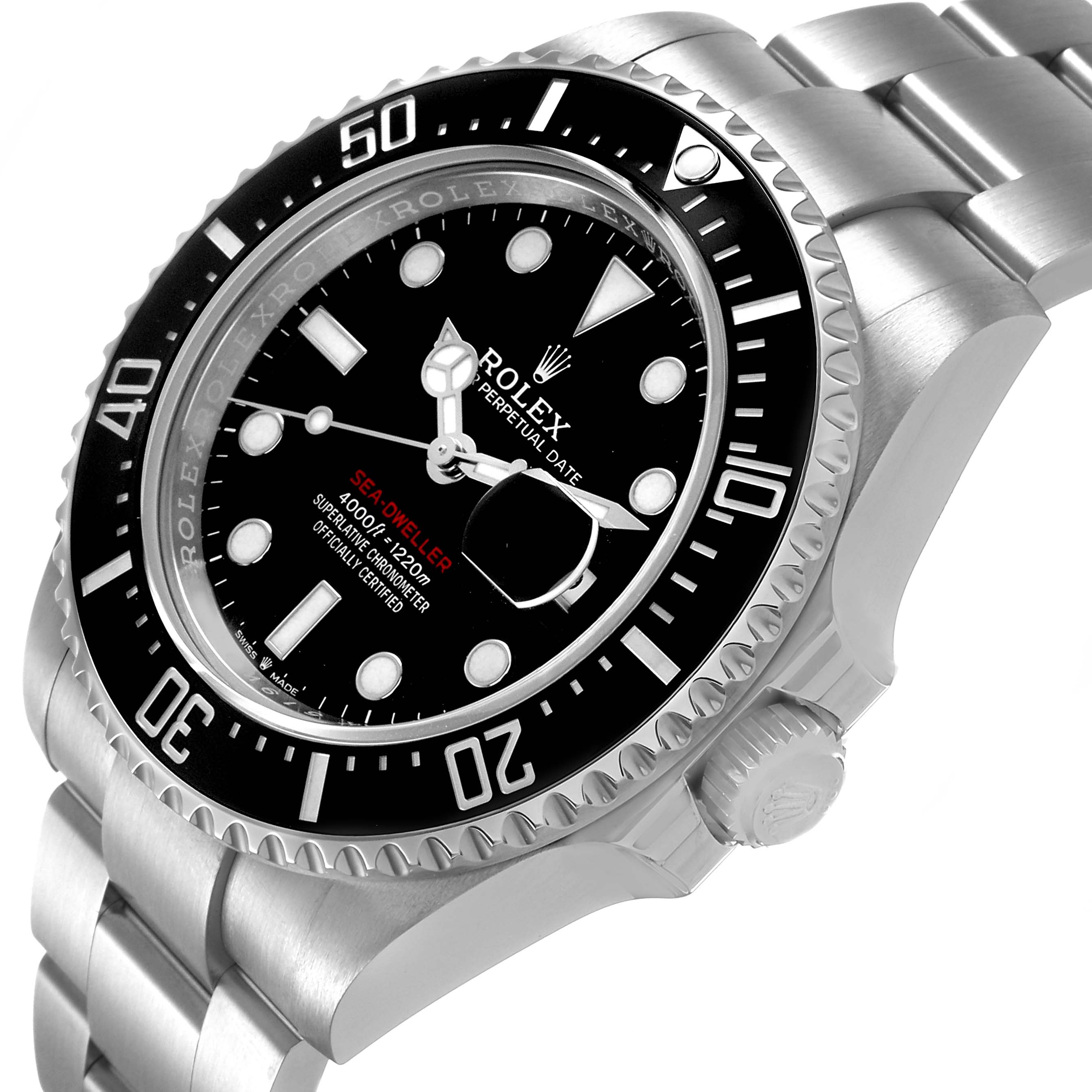 The Rolex Sea-Dweller 126600 Men's Stainless Steel Black Dial watch is shown from an angle highlighting the bezel, dial, and bracelet.