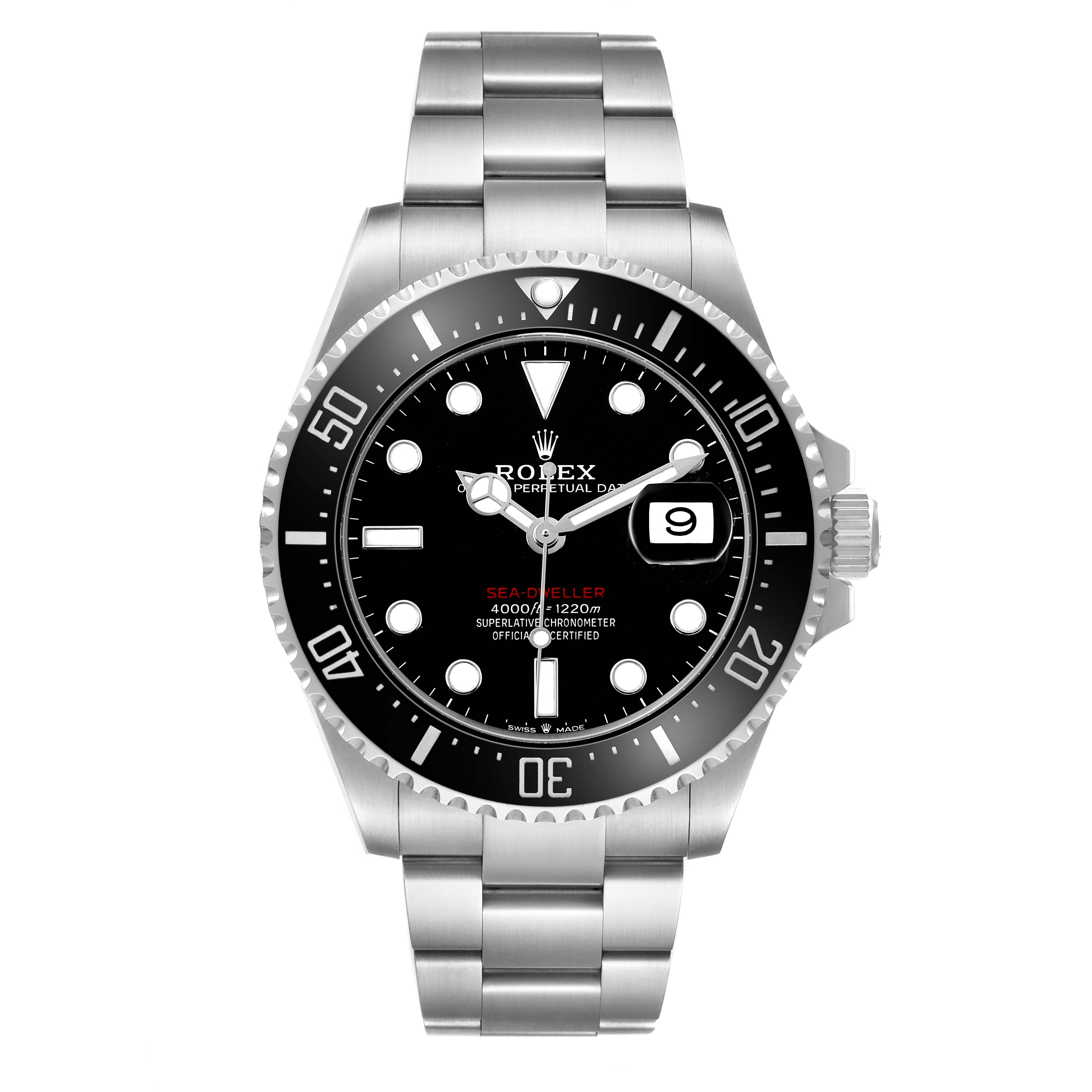 The Rolex Sea-Dweller 126600 Men's Stainless Steel Black Dial watch is shown from a front angle, displaying its dial, bezel, crown, and bracelet.