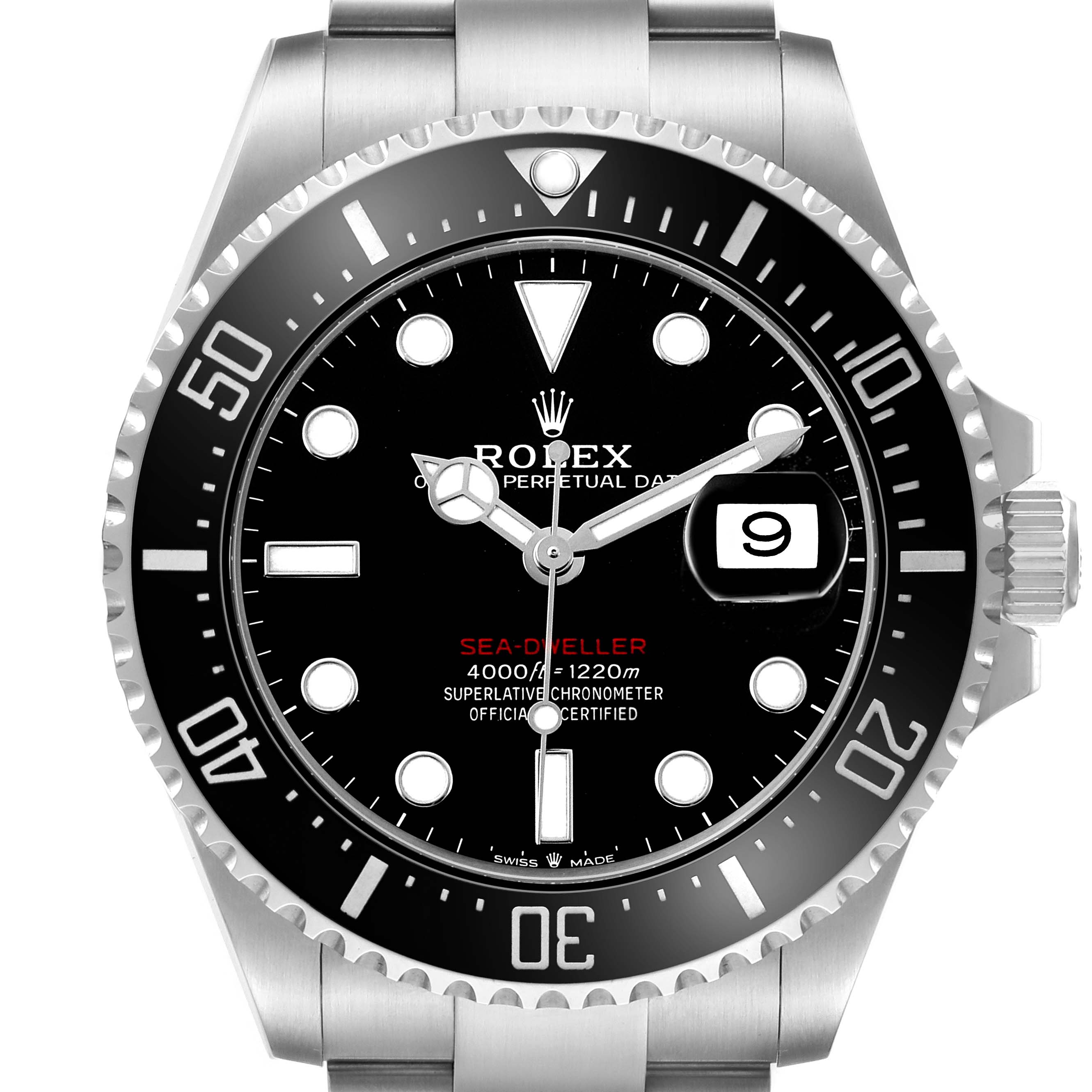 The Rolex Sea-Dweller 126600 Men's Stainless Steel Black Dial watch is shown from a front angle, displaying the bezel, dial, and crown.