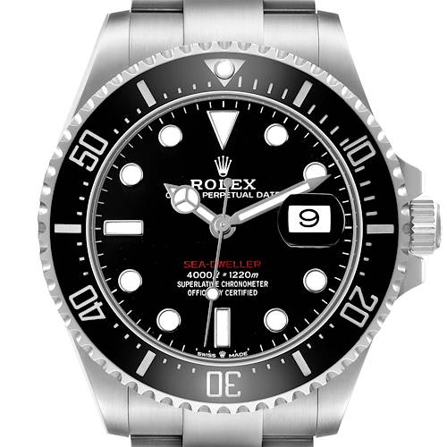 The image shows a frontal view of the Rolex Sea-Dweller 126600 Men's Stainless Steel Black Dial watch, highlighting its bezel, dial, and date window.