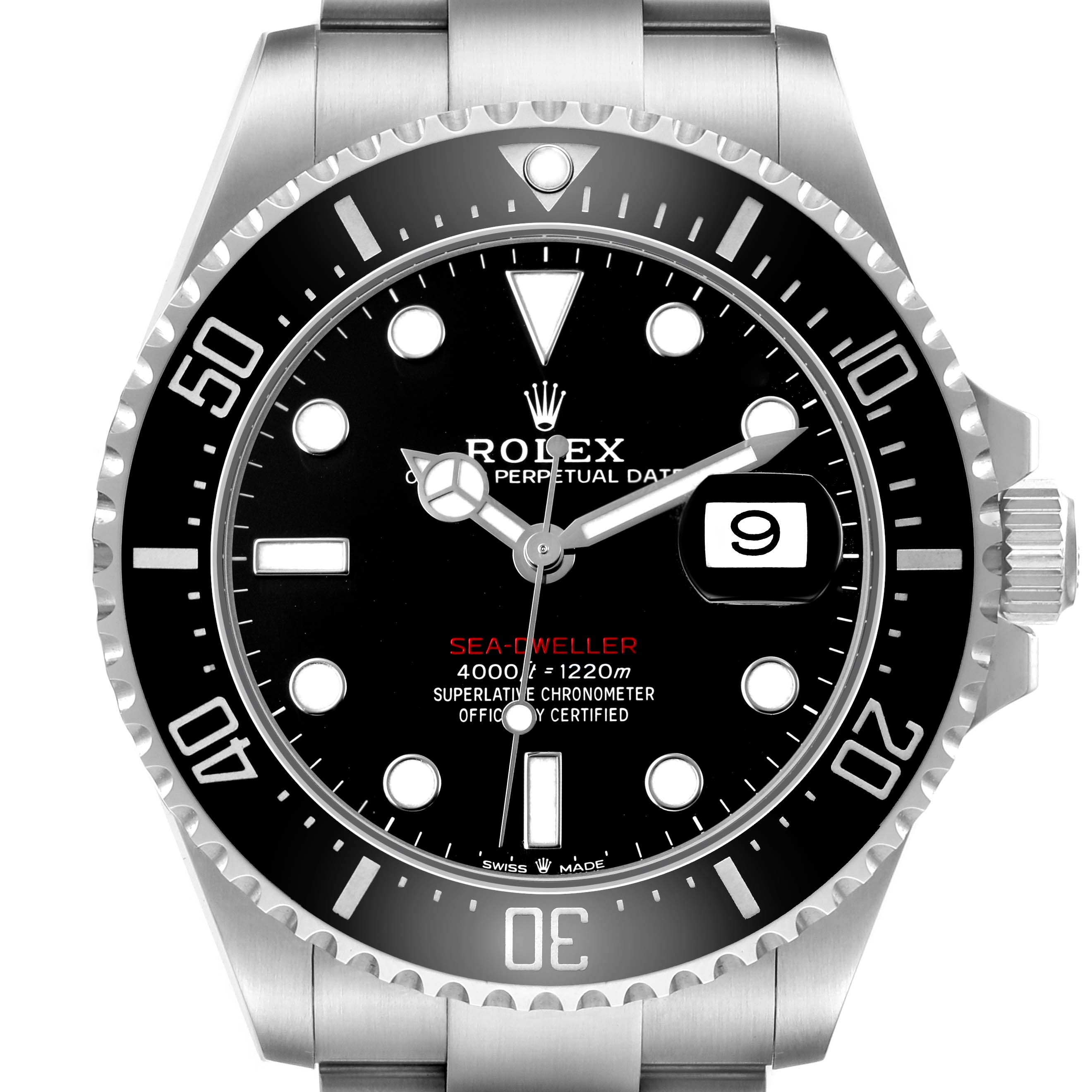 The image shows a front view of a Rolex Sea-Dweller 126600 Men's Stainless Steel Black Dial watch, highlighting its bezel, dial, and date window.