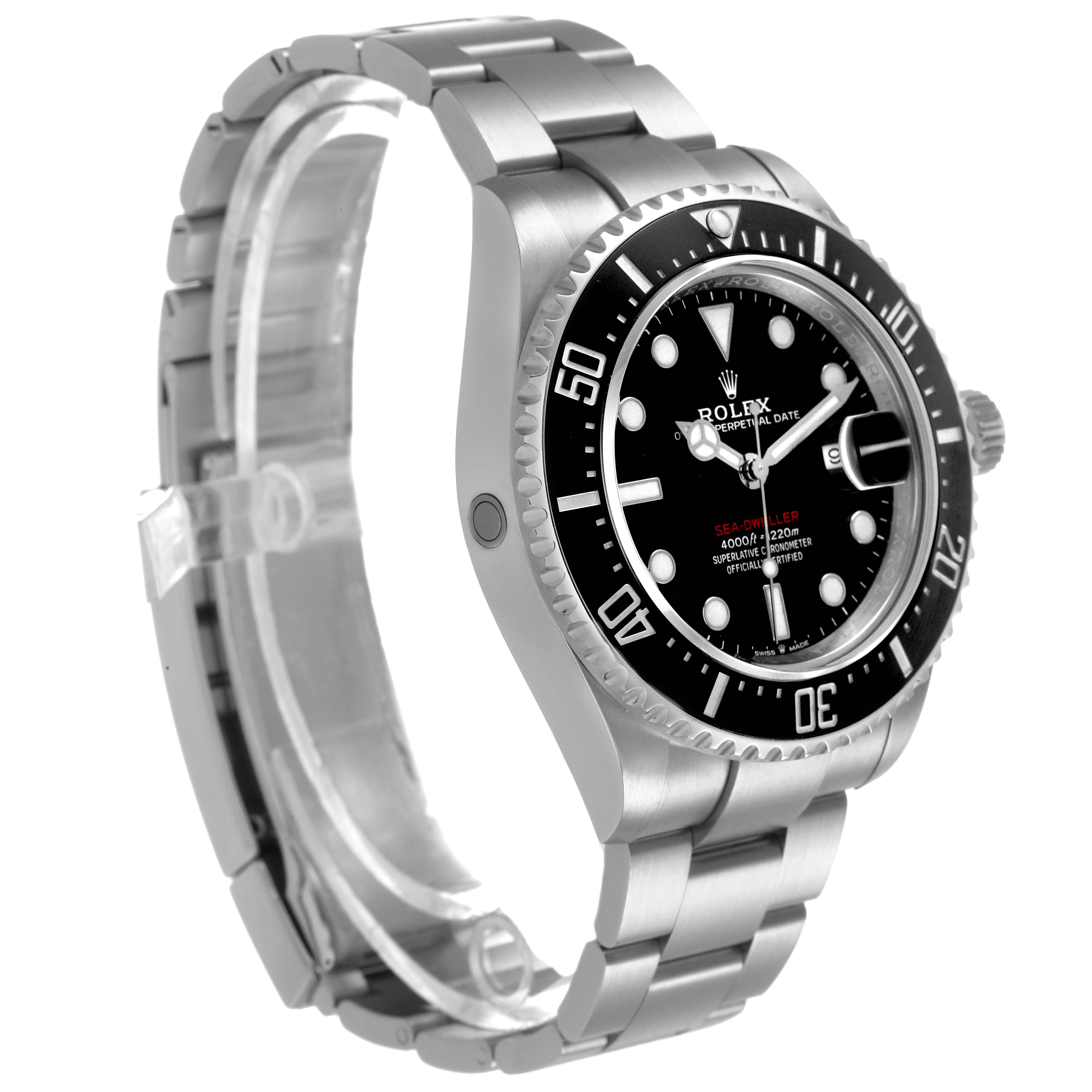 The image shows a Rolex Sea-Dweller 126600 Men's Stainless Steel Black Dial watch at a three-quarter angle, highlighting the dial, bezel, and bracelet.