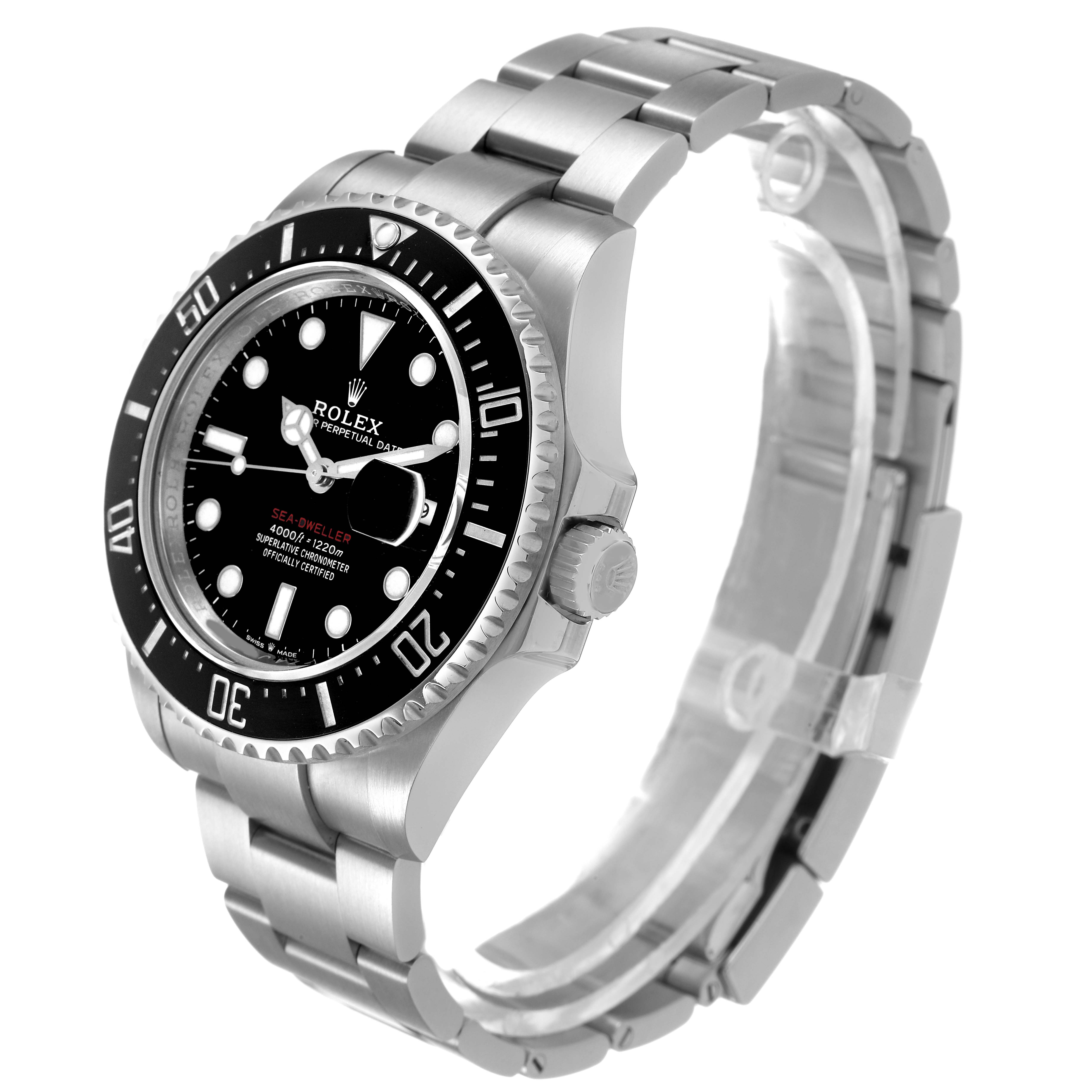 The image shows a Rolex Sea-Dweller 126600 Men's Stainless Steel Black Dial watch from a side angle, highlighting the bezel, dial, crown, and bracelet.