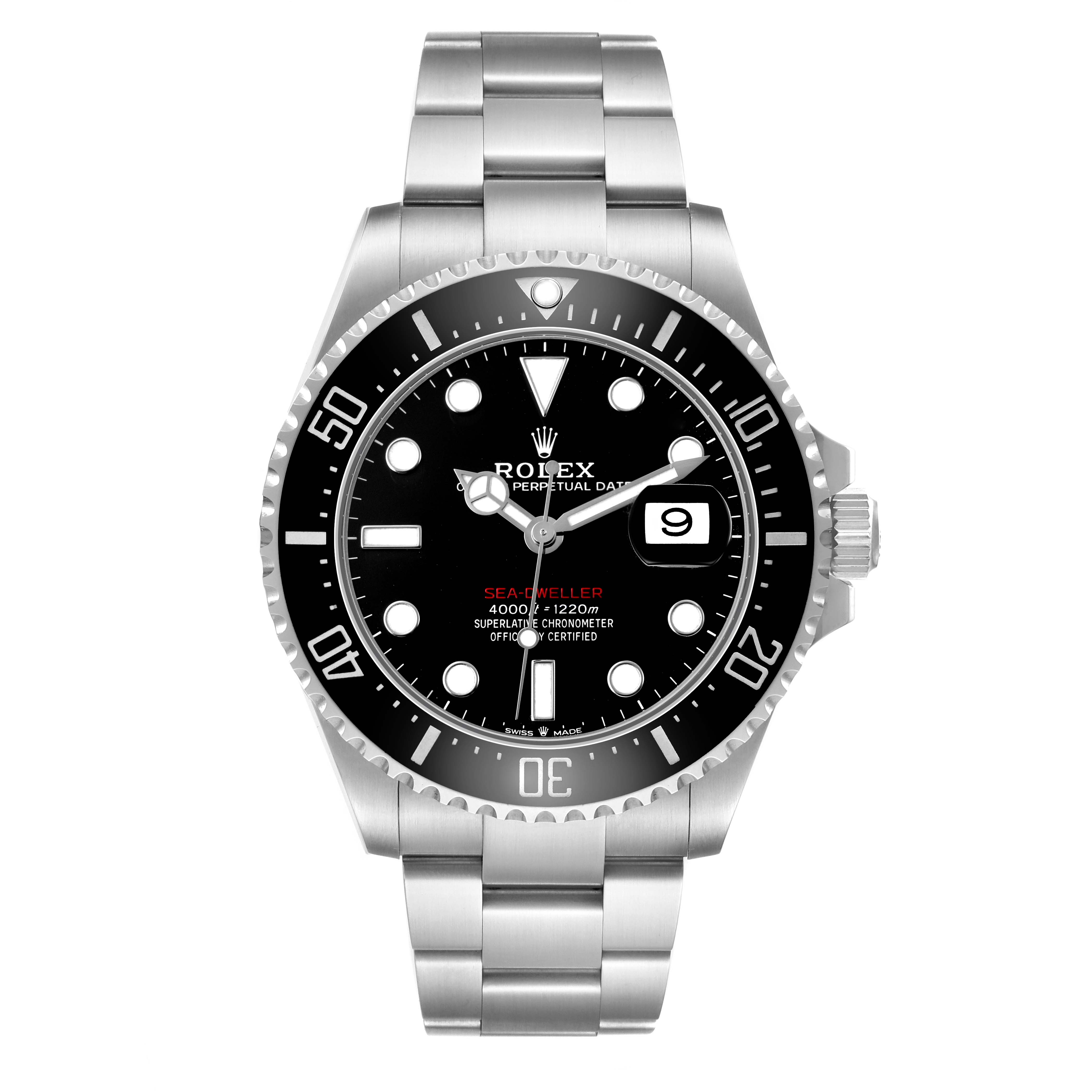 The Rolex Sea-Dweller 126600 Men's Stainless Steel Black Dial watch is shown from the front, highlighting the dial, case, bracelet, bezel, and crown.