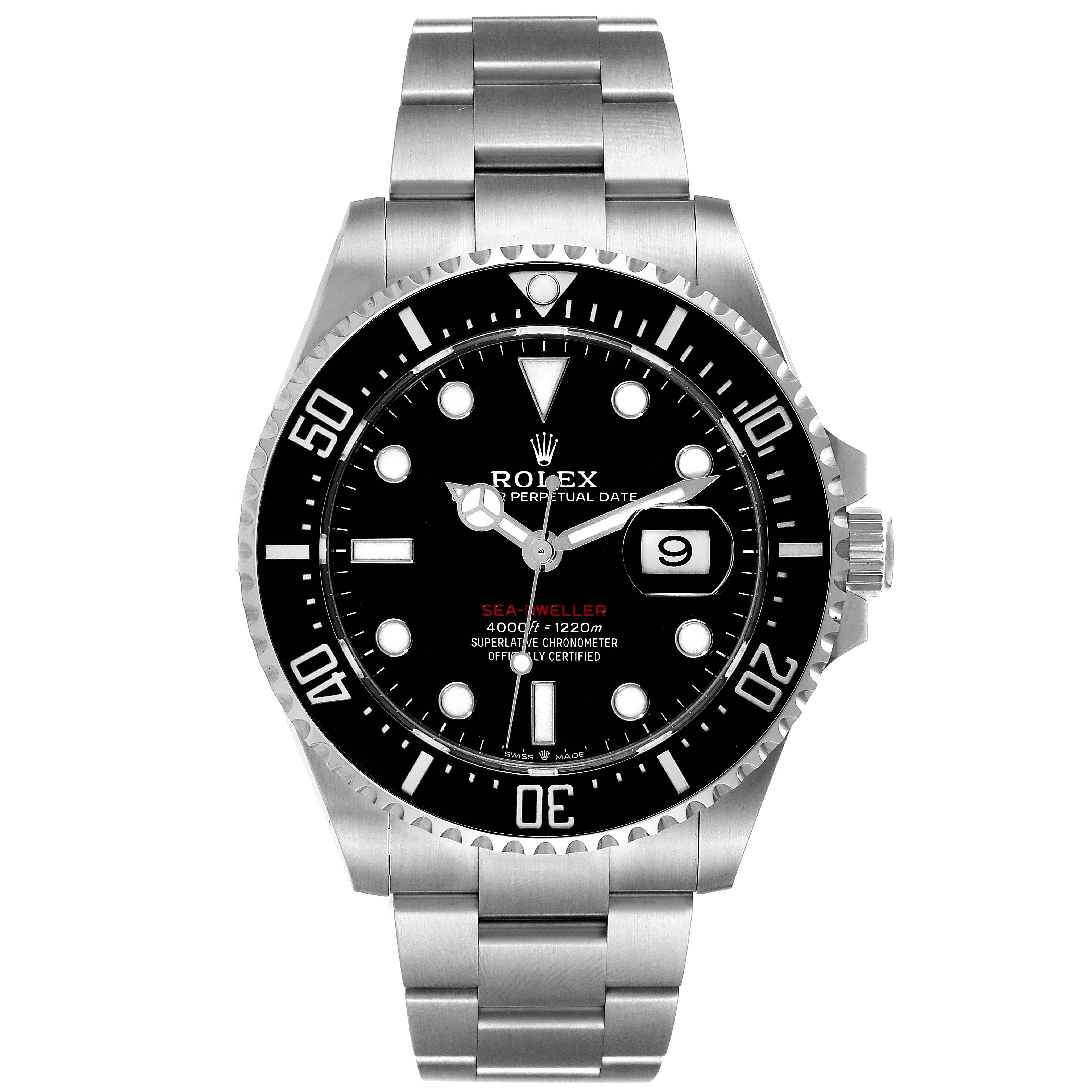 This image shows a front view of a Rolex Sea-Dweller 126600 Men
s Stainless Steel Black Dial 126600 Men
s Stainless Steel Black Dial watch, highlighting its dial, bezel, and bracelet.