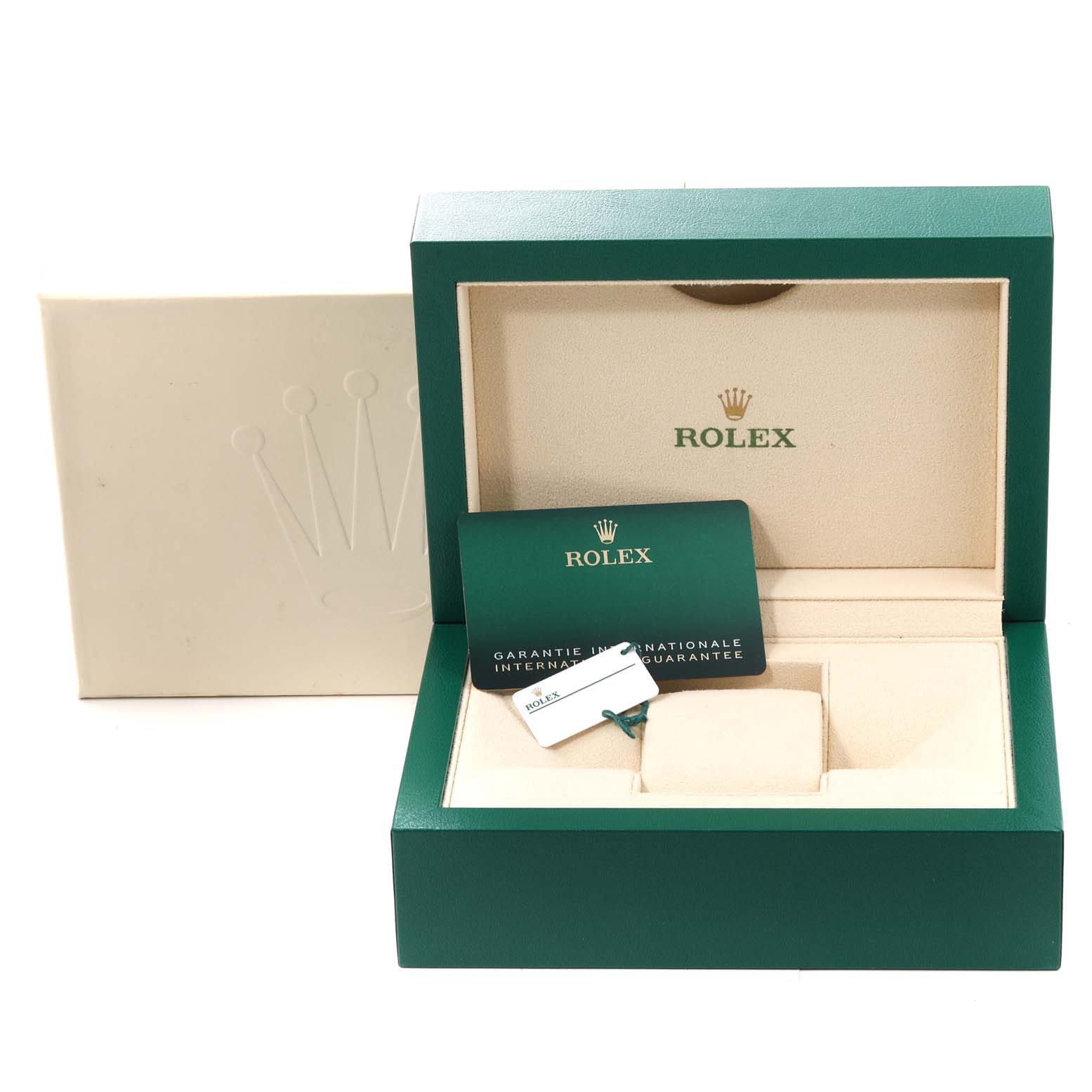 The image shows the open box, warranty card, and tag for the Rolex Sea-Dweller 126600 Men
s Stainless Steel Black Dial 126600 Men
s Stainless Steel Black Dial model.