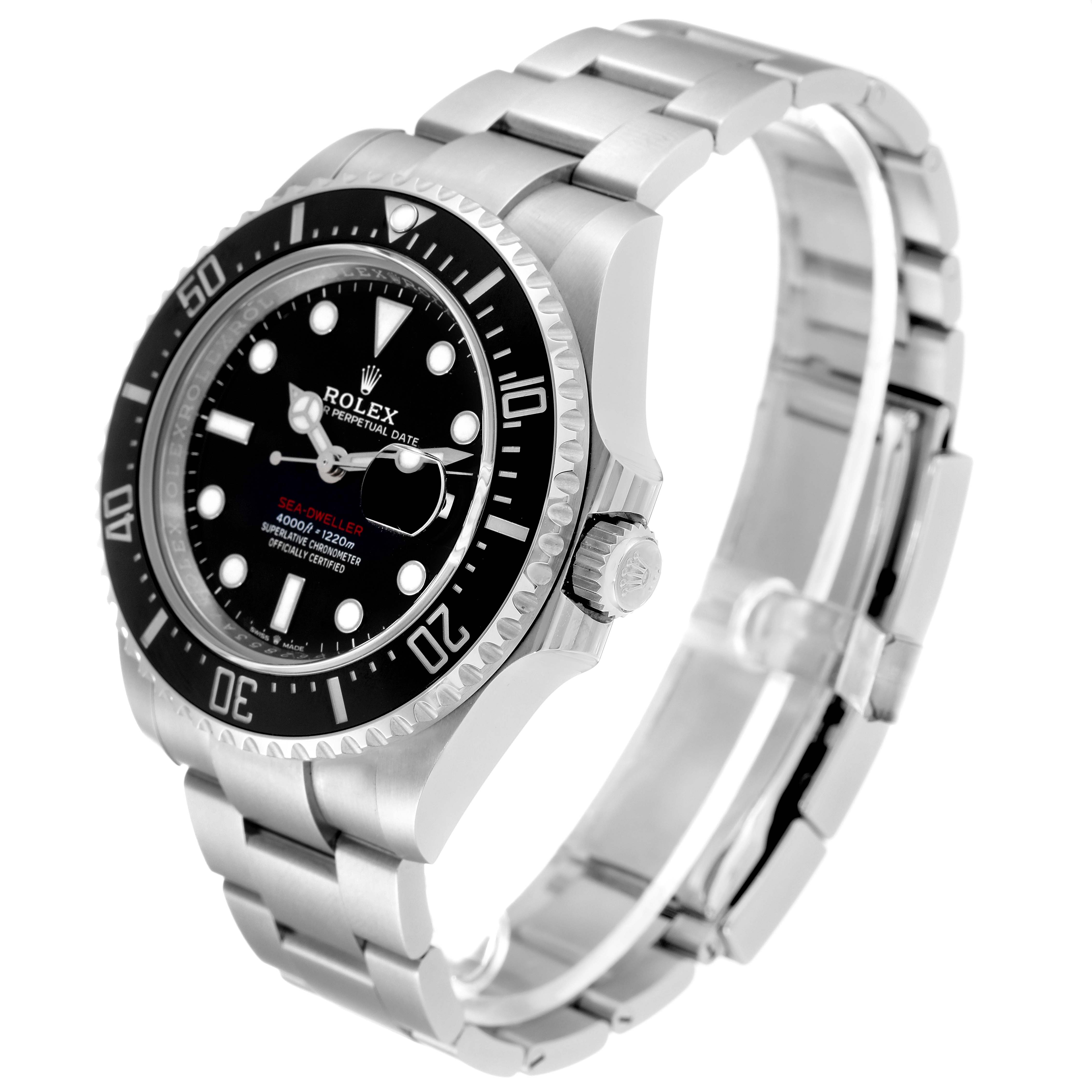 The Rolex Sea-Dweller 126600 Men
s Stainless Steel Black Dial 126600 Men
s Stainless Steel Black Dial watch is displayed at an angle showing the dial, bezel, crown, and bracelet.
