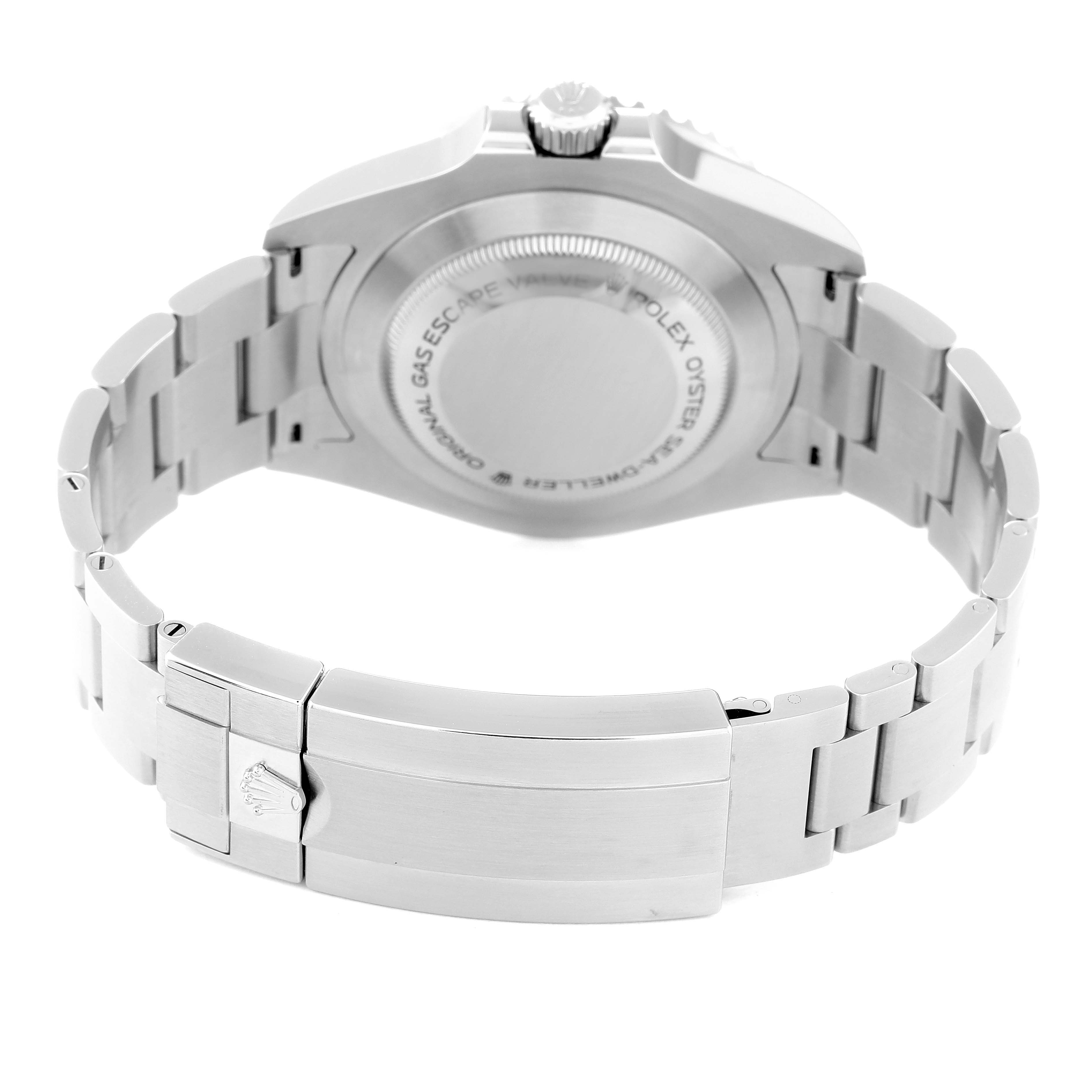 The image shows the back view of the Rolex Sea-Dweller 126600 Men
s Stainless Steel Black Dial 126600 Men
s Stainless Steel Black Dial watch, highlighting its case back and bracelet.