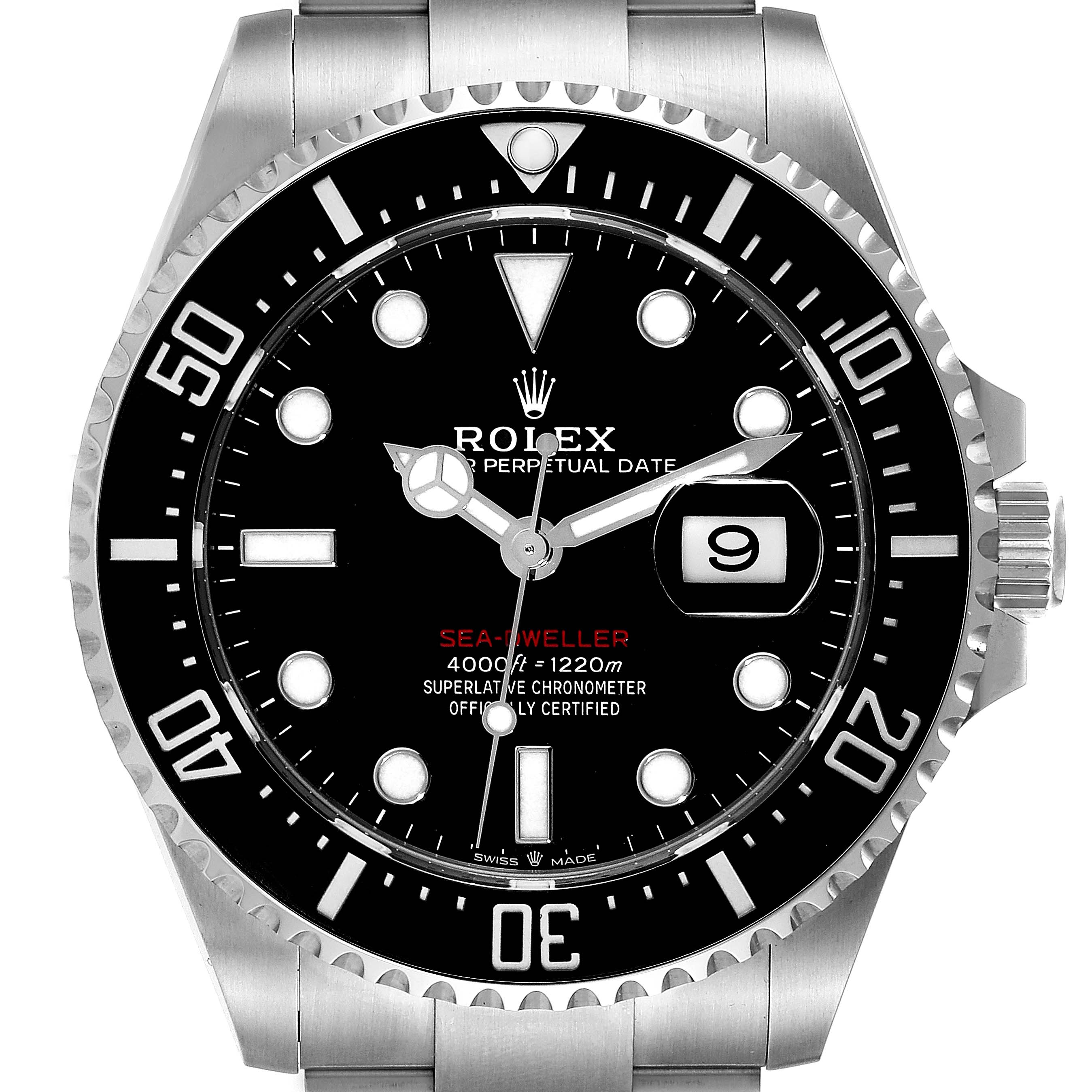 The image shows a front view of the Rolex Sea-Dweller 126600 Men
s Stainless Steel Black Dial 126600 Men
s Stainless Steel Black Dial watch, displaying the face, bezel, and part of the bracelet.