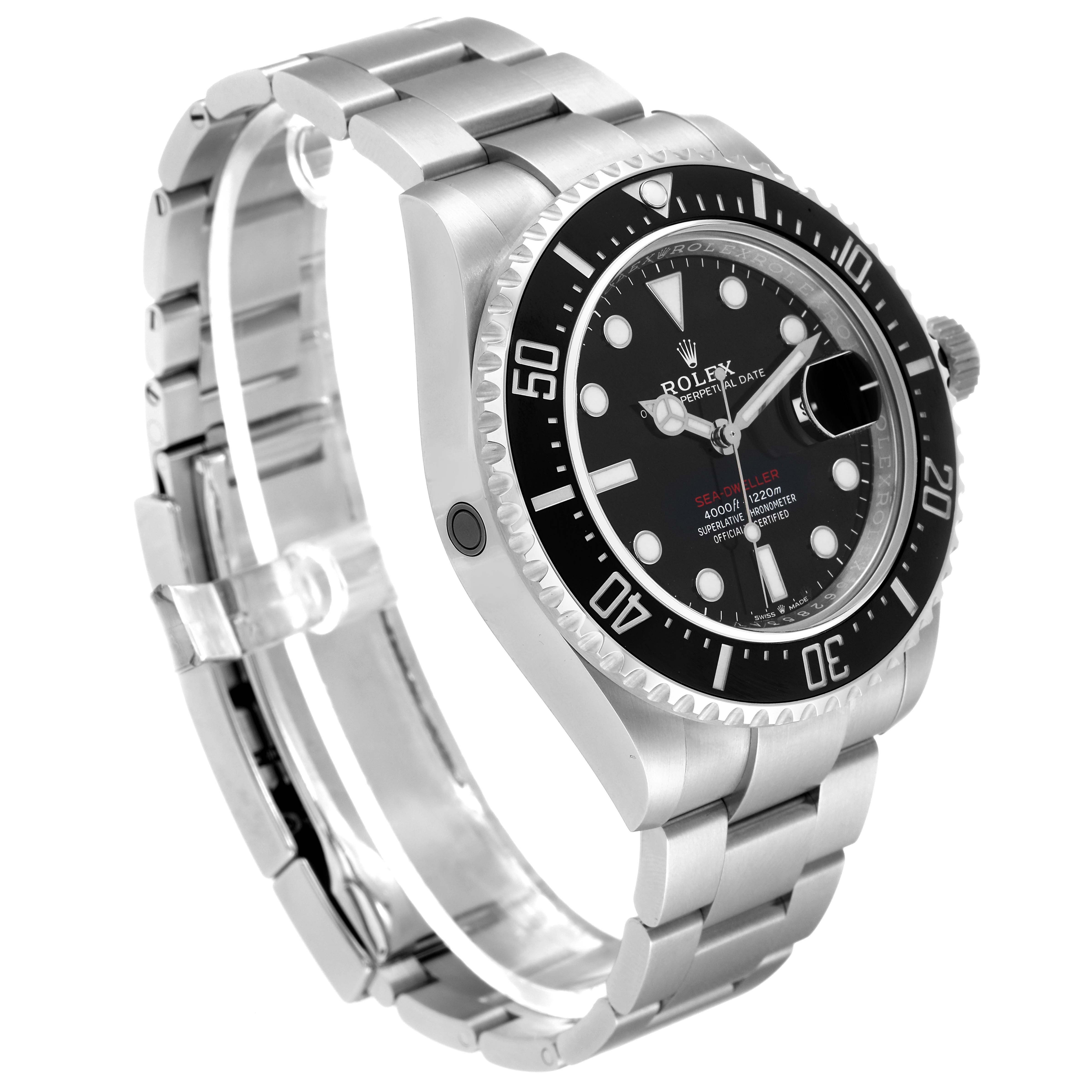 The image shows a Rolex Sea-Dweller 126600 Men
s Stainless Steel Black Dial 126600 Men
s Stainless Steel Black Dial watch from a side angle, highlighting the bezel, dial, and metallic bracelet.