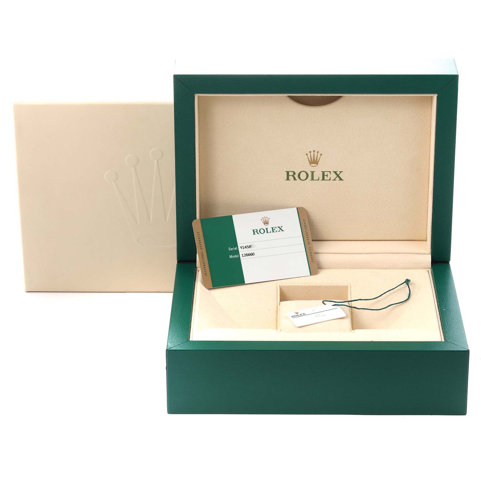 The image shows the Rolex Sea-Dweller 126660 Men
s Stainless Steel Blue Dial 126660 Men
s Stainless Steel Blue Dial packaging, including a box, warranty card, and tag from a top-down angle.