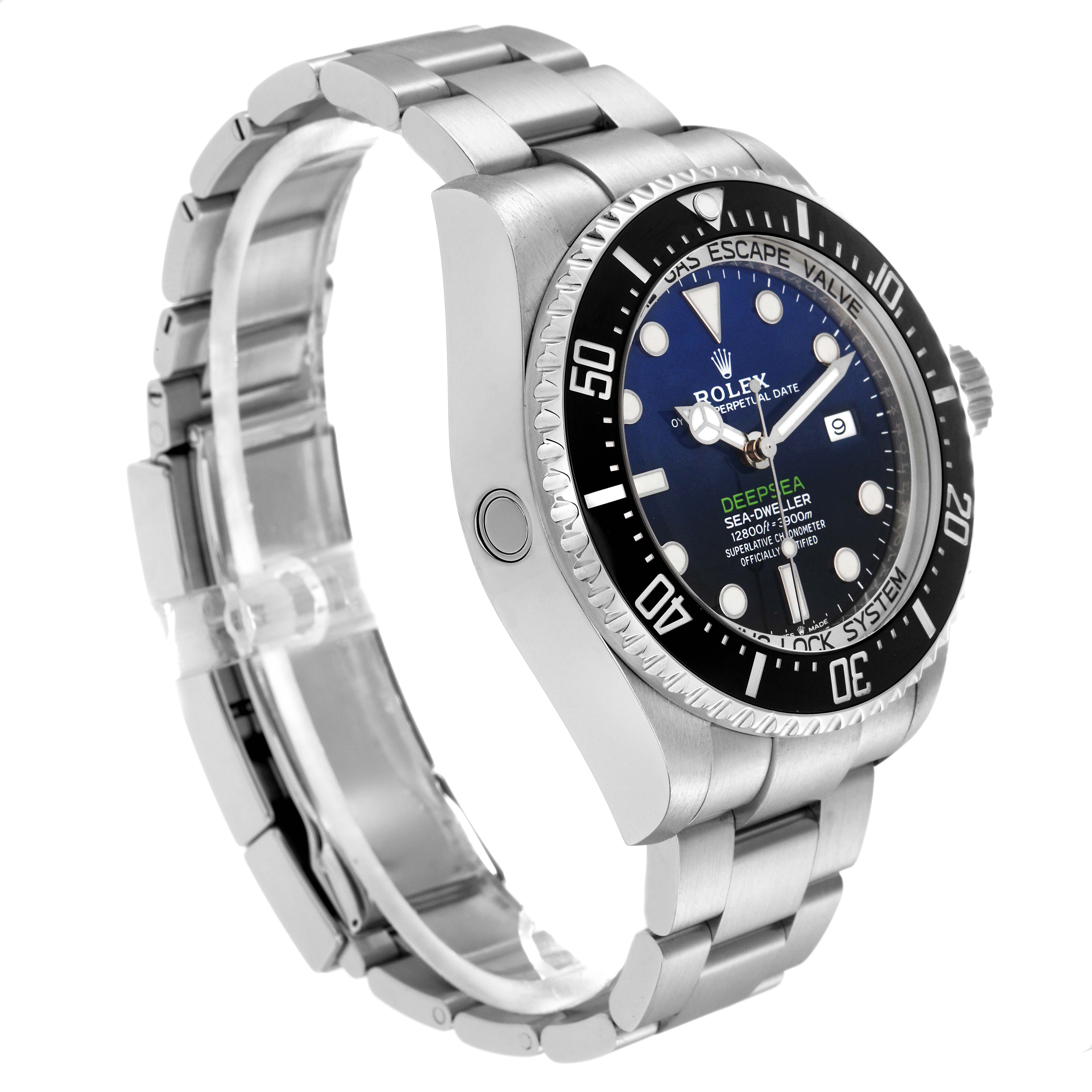 The Rolex Sea-Dweller 126660 Men
s Stainless Steel Blue Dial 126660 Men
s Stainless Steel Blue Dial watch is shown at a three-quarter angled view, displaying the bezel, crown, dial, and bracelet.