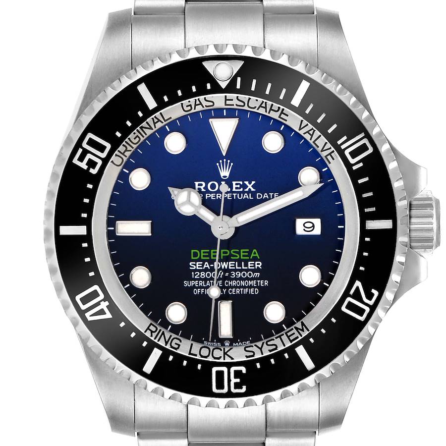 The Rolex Sea-Dweller watch is shown from the front, highlighting the dial, bezel, and part of the bracelet.