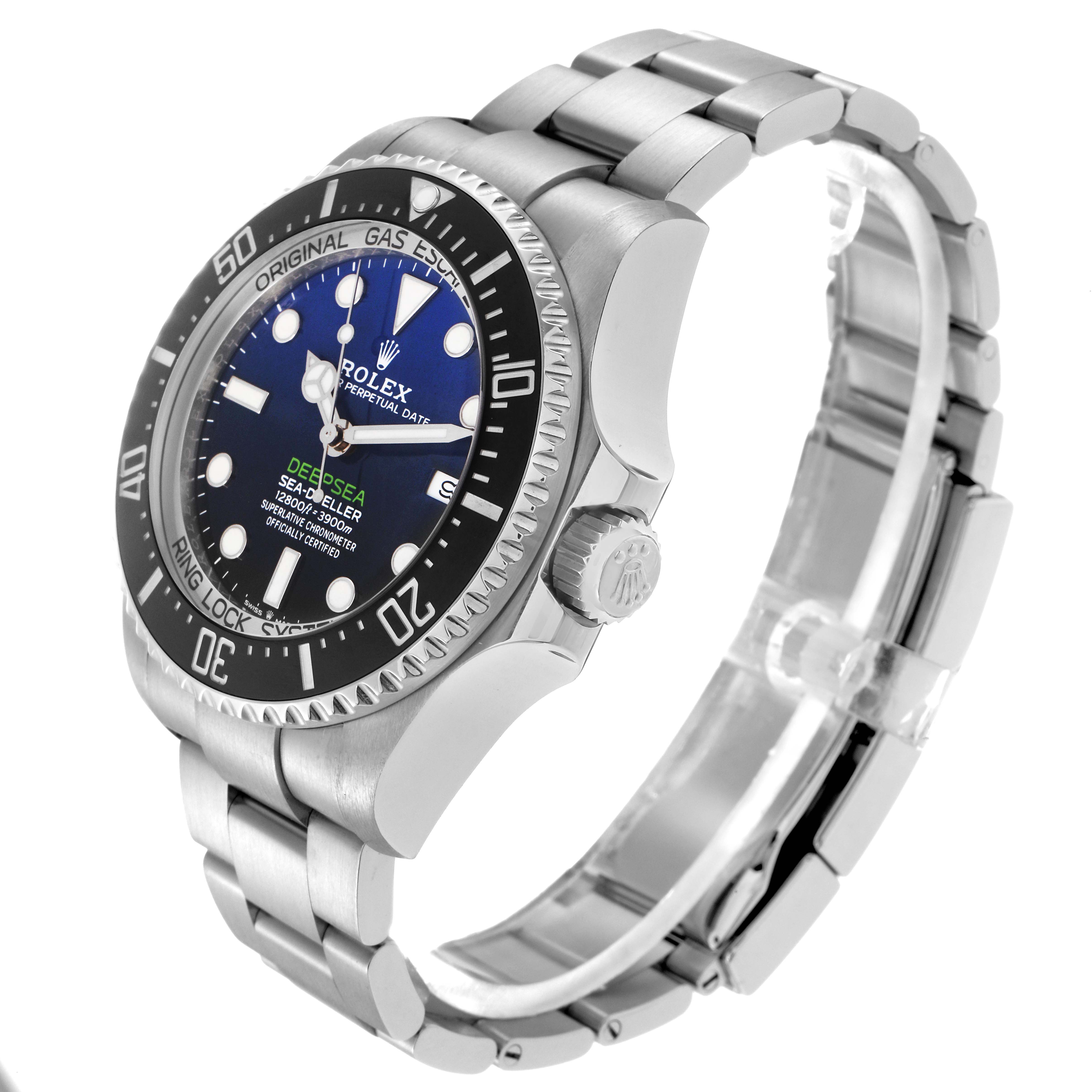 The Rolex Sea-Dweller 126660 Men
s Stainless Steel Blue Dial 126660 Men
s Stainless Steel Blue Dial watch is shown at an angled side view, highlighting the bezel, dial, crown, and bracelet.