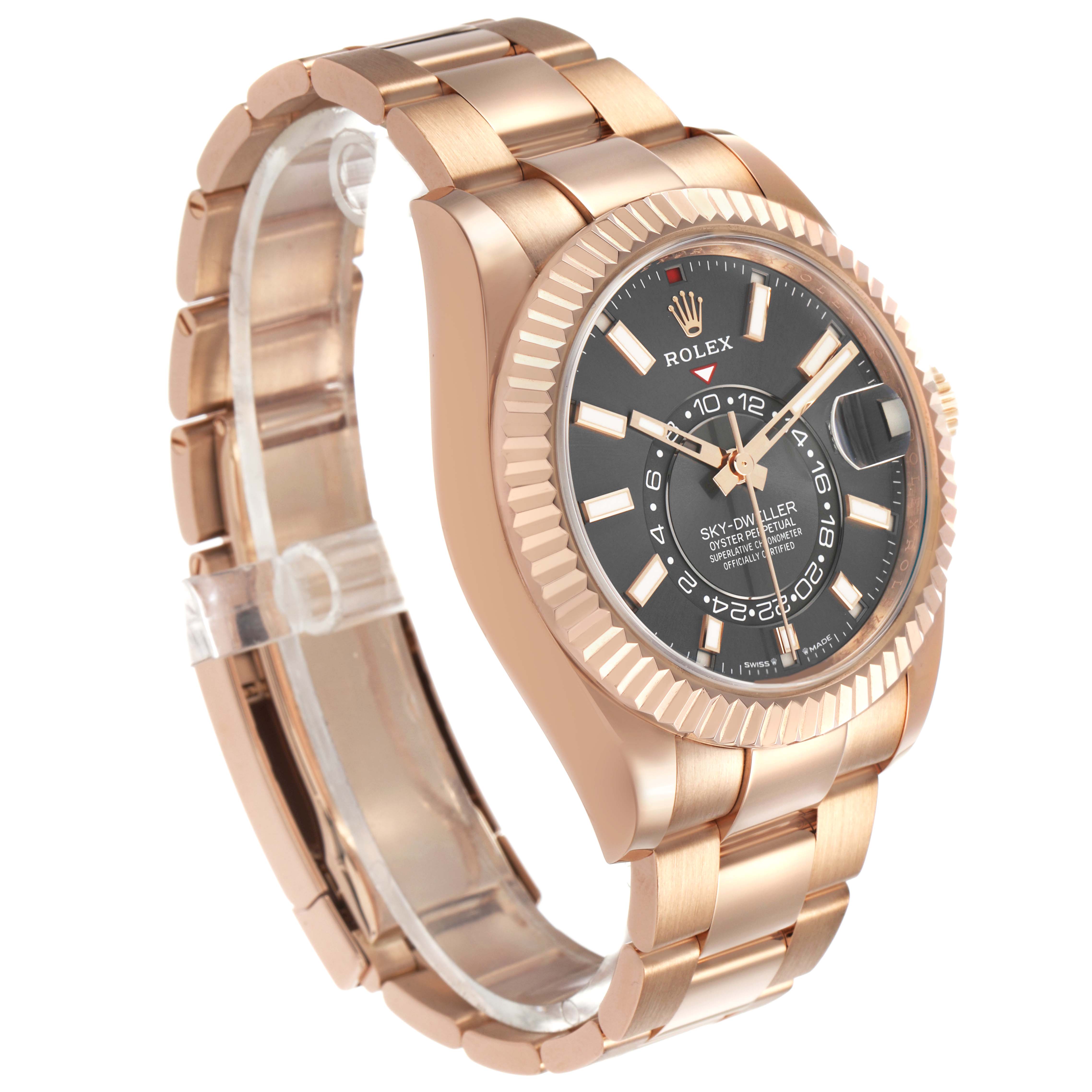 The Rolex Sky-Dweller 336935 Men's Rose Gold Grey Dial watch is shown at a slight angle, highlighting the dial, bezel, and bracelet.
