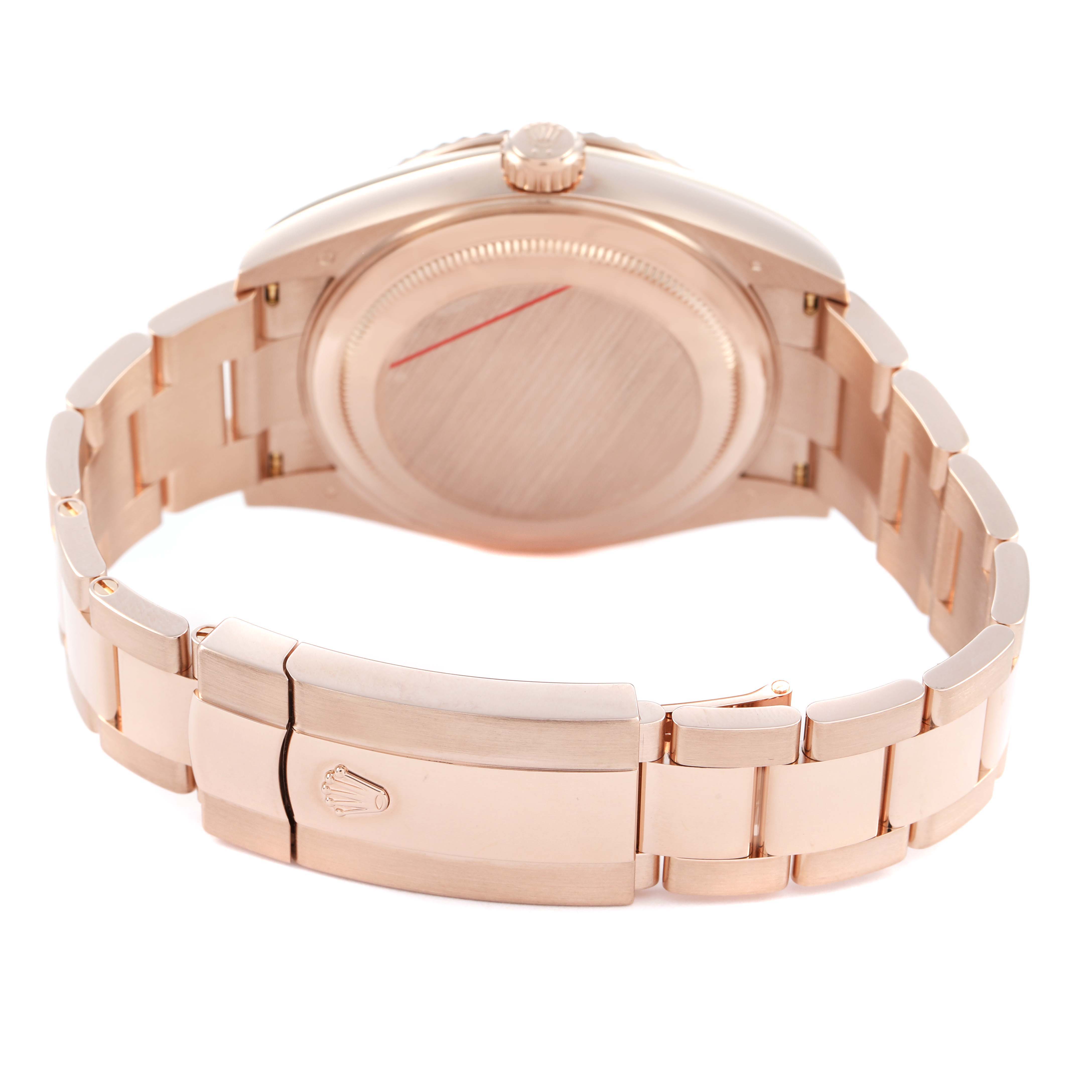 The image shows the Rolex Sky-Dweller 336935 Men's Rose Gold Grey Dial watch from a rear angle, highlighting the case back and bracelet clasp.