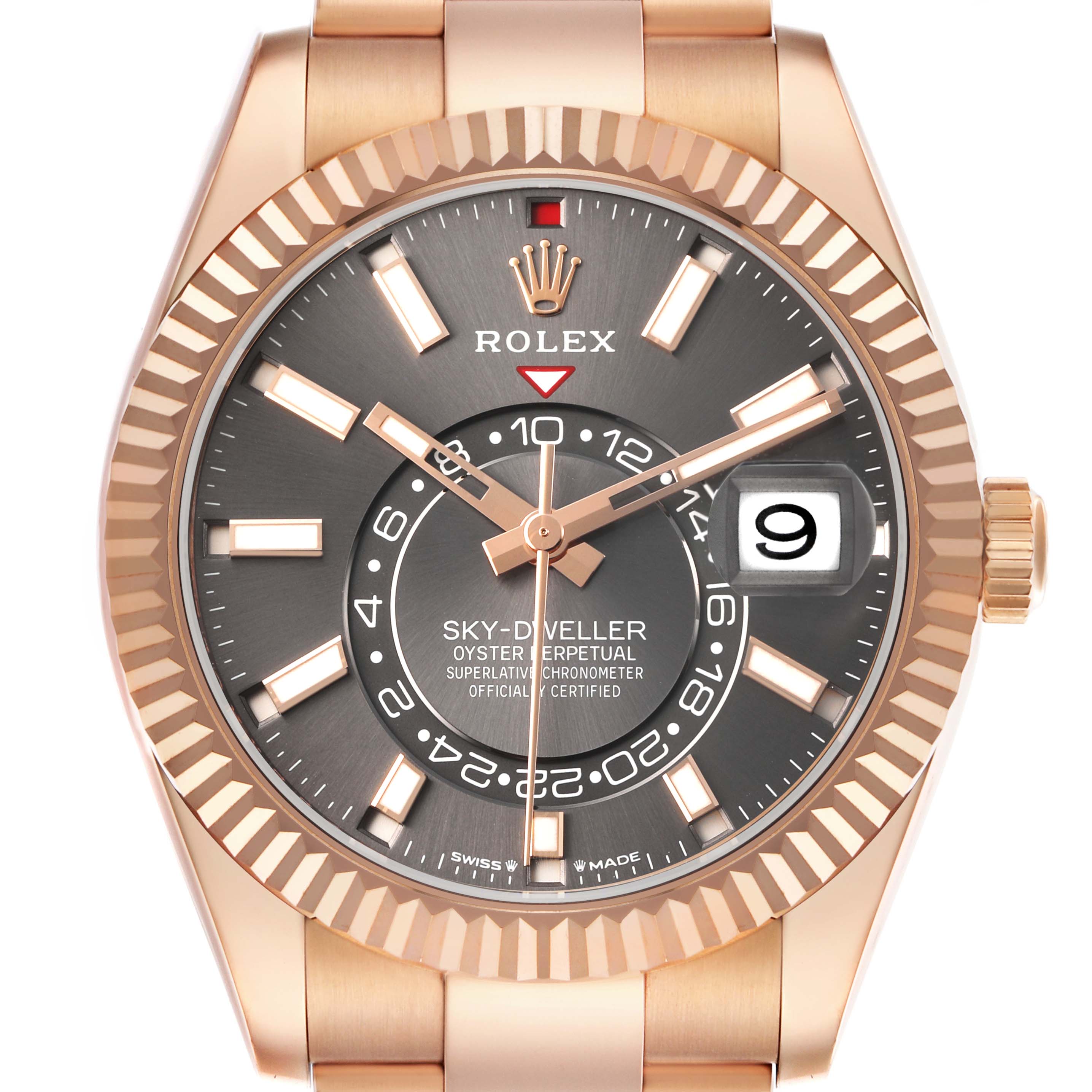The Rolex Sky-Dweller 336935 Men's Rose Gold Grey Dial is shown from the front, highlighting the dial, bezel, hands, and date window.