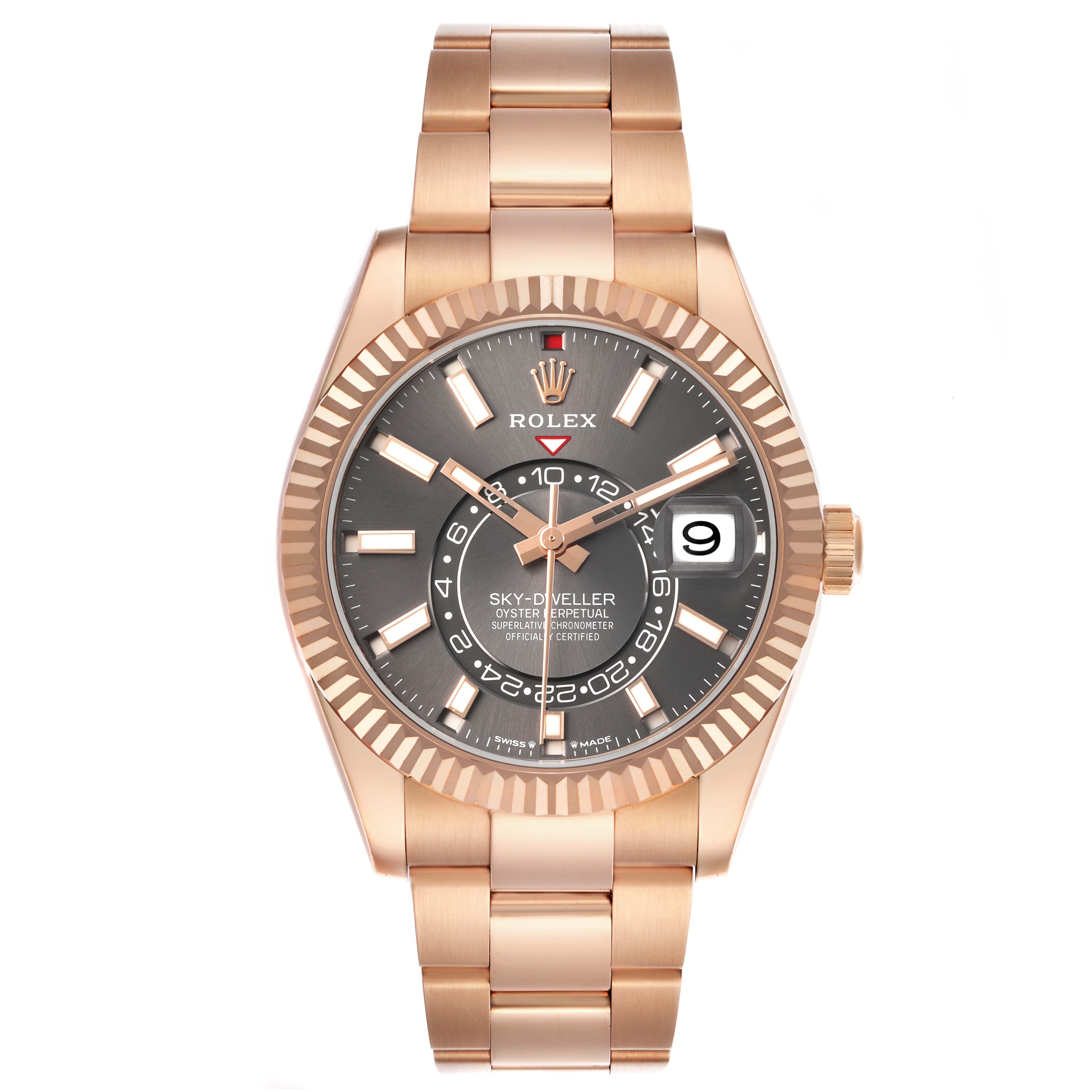 The Rolex Sky-Dweller 336935 Men's Rose Gold Grey Dial watch is shown from the front, highlighting its face, bezel, and bracelet.