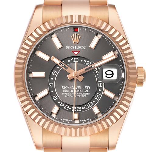 The image shows a front view of a Rolex Sky-Dweller 336935 Men's Rose Gold Grey Dial watch, highlighting the dial, bezel, and crown.