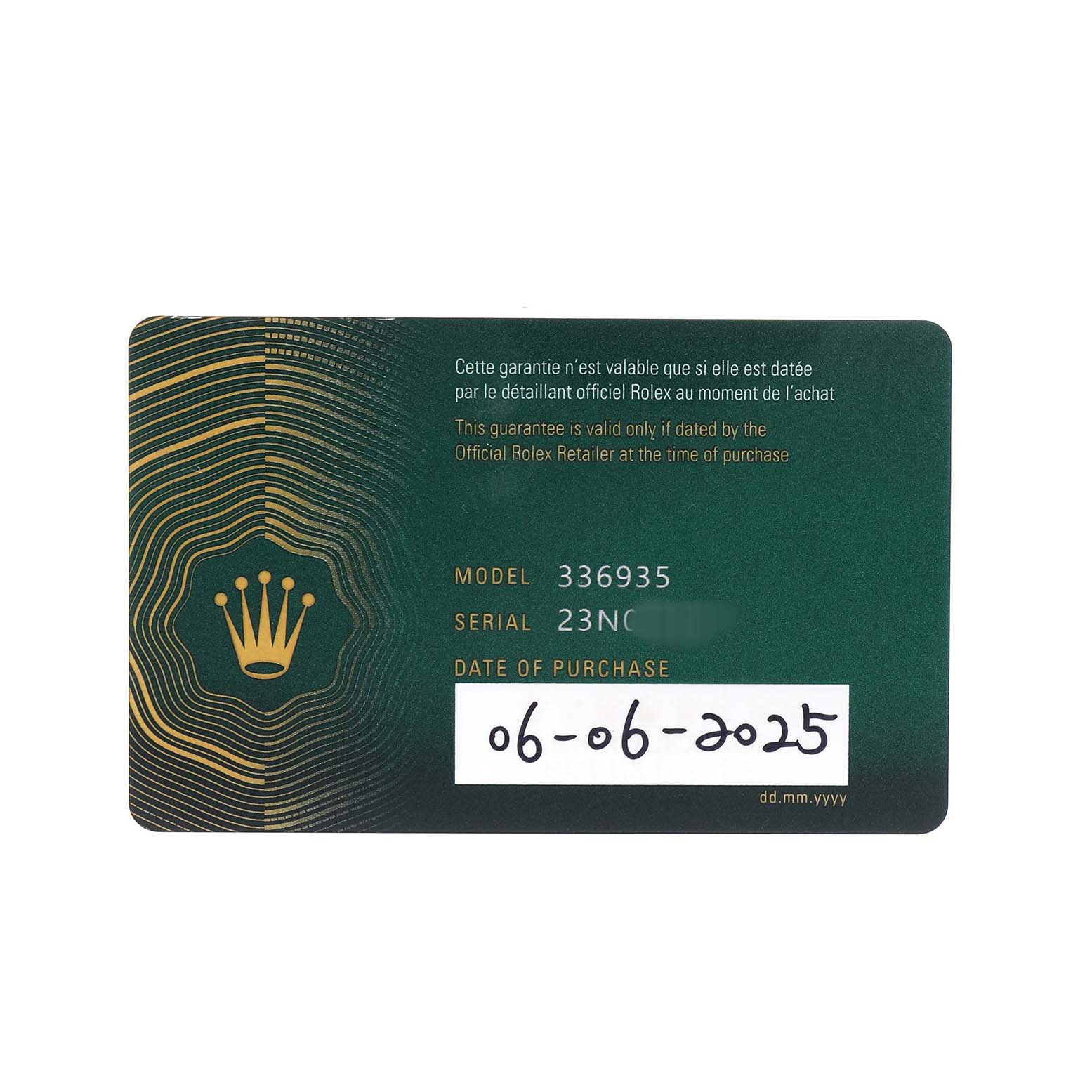 The image shows a warranty card for the Rolex Sky-Dweller 336935 Men's Rose Gold Grey Dial, highlighting model, serial number, and purchase date.