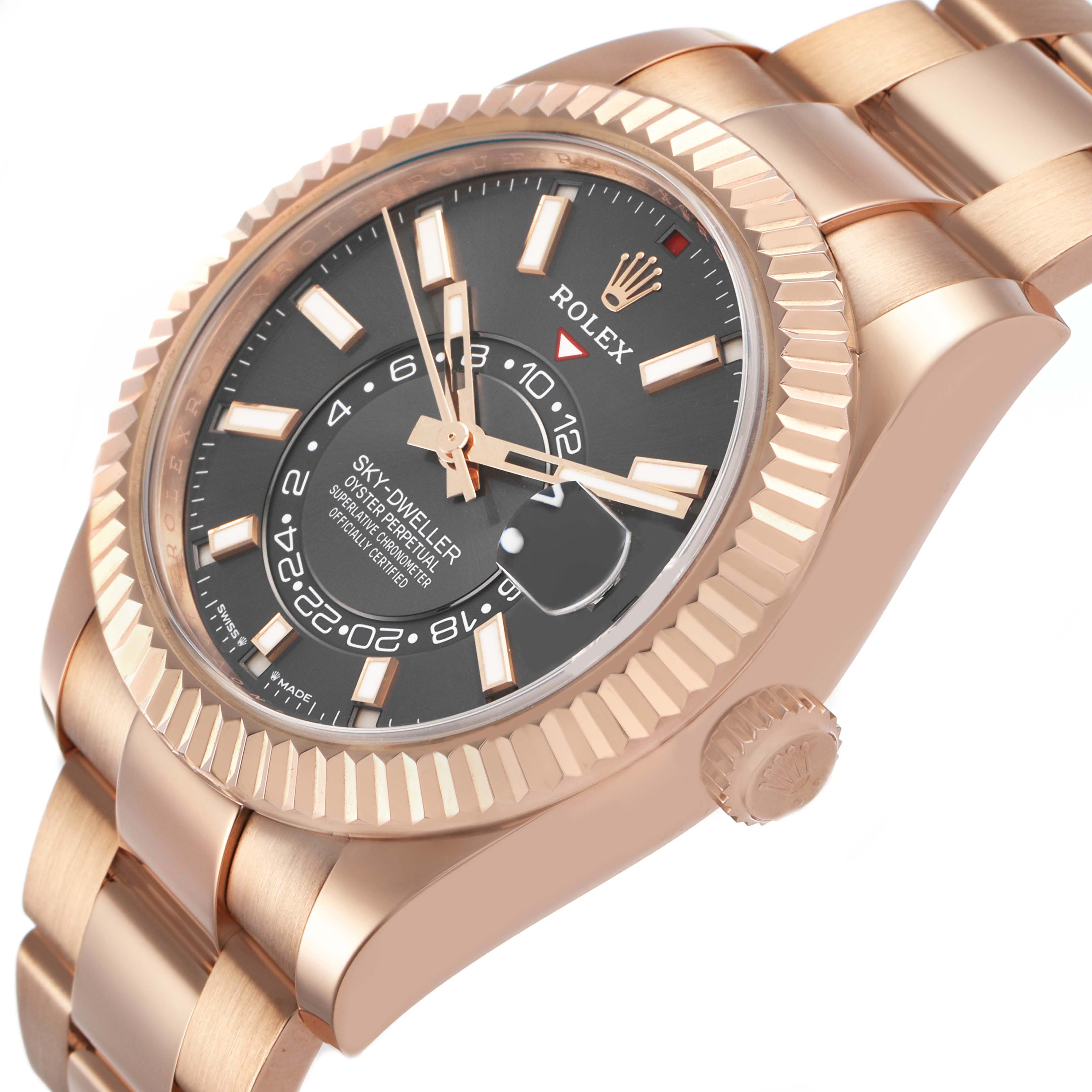 The Rolex Sky-Dweller 336935 Men's Rose Gold Grey Dial watch is shown at a slight angle, highlighting the face, fluted bezel, and part of the bracelet.