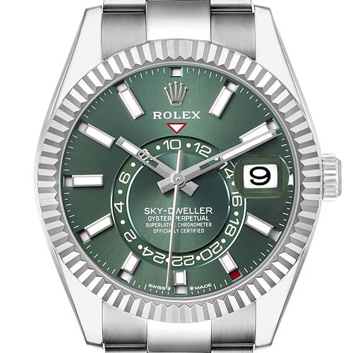 The Rolex Sky-Dweller 336934 Men's Stainless Steel Green Dial is shown from the front, displaying the dial, bezel, date window, and bracelet.