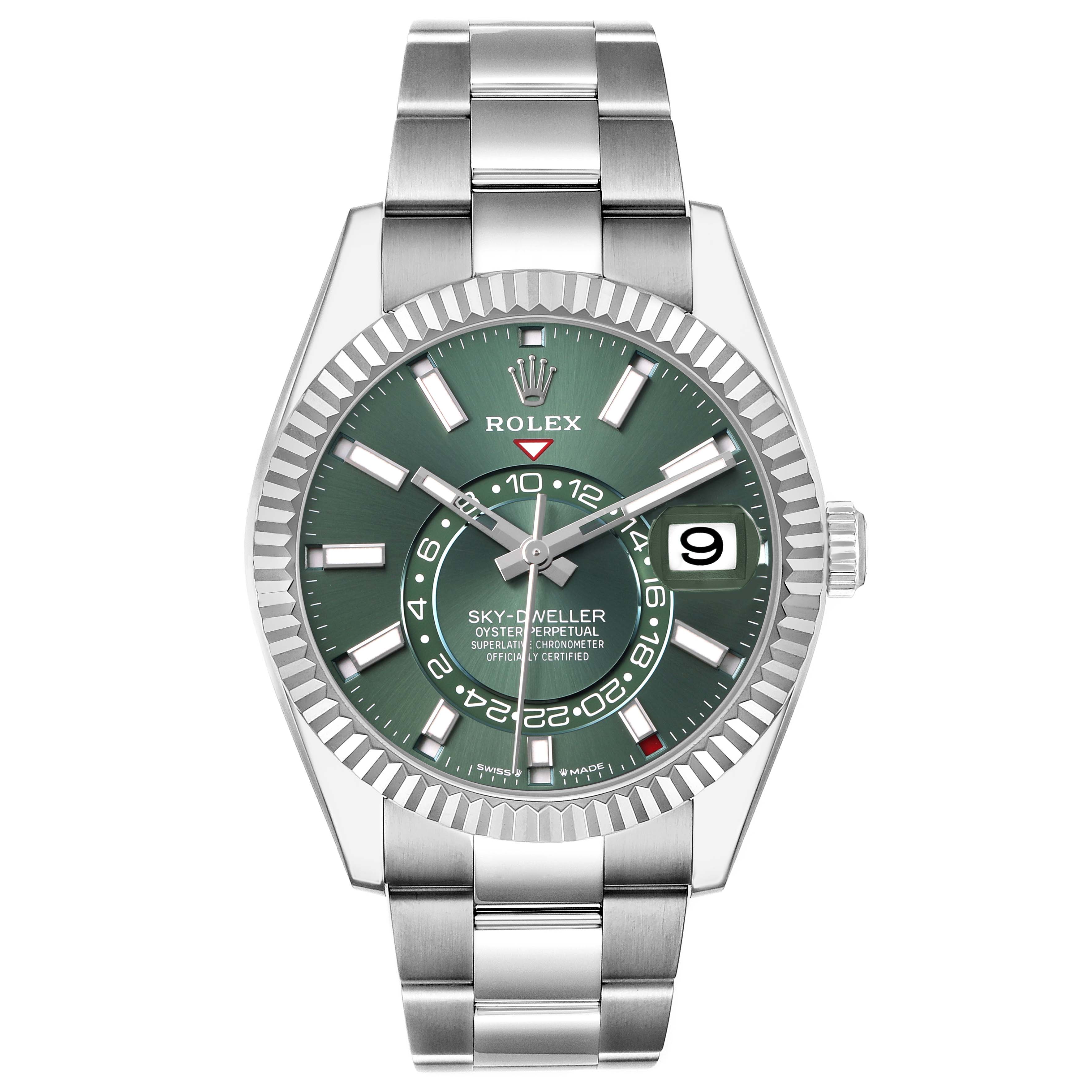 The image shows a front view of the Rolex Sky-Dweller 336934 Men's Stainless Steel Green Dial watch displaying the face, bezel, and part of the bracelet.