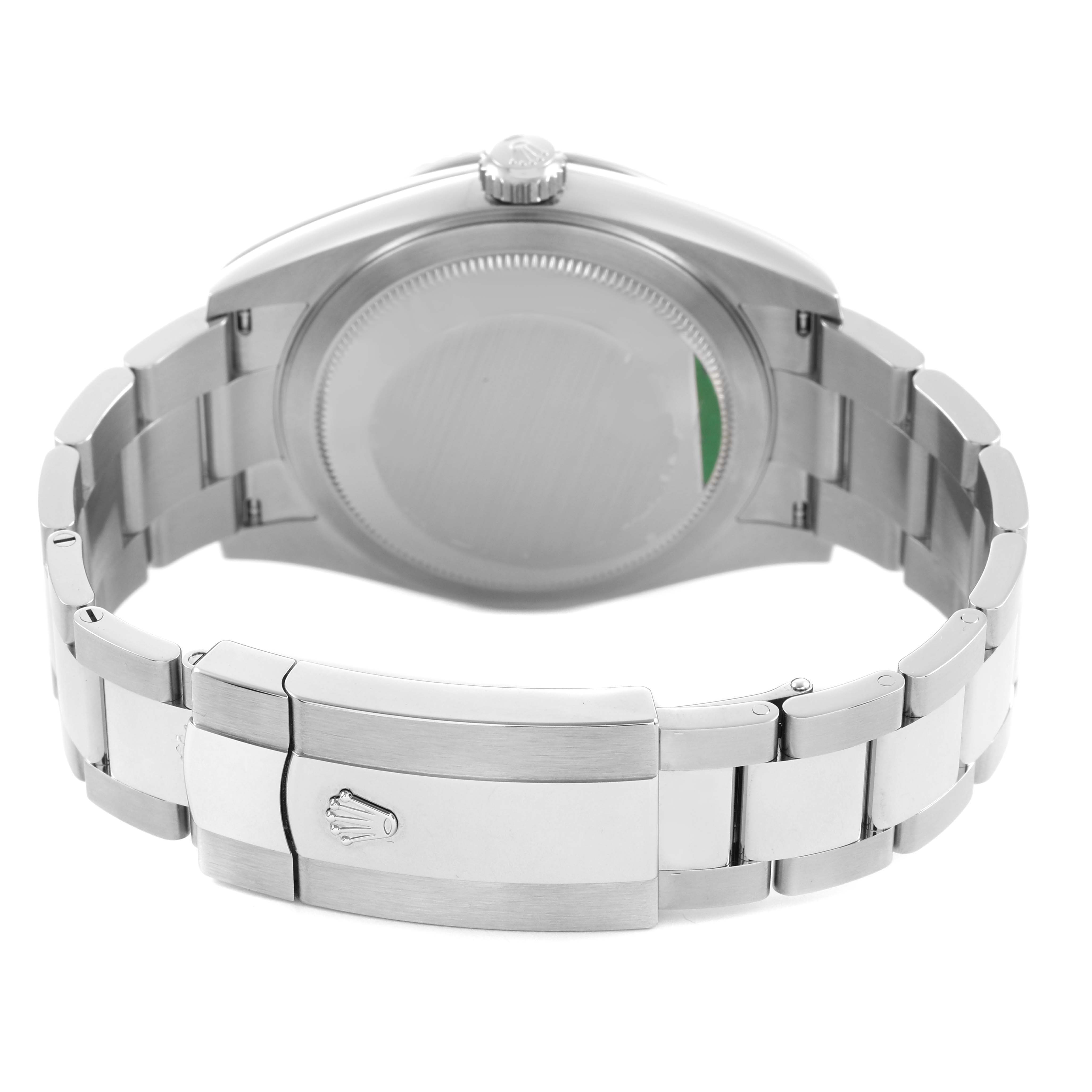 The image shows the back view of a Rolex Sky-Dweller 336934 Men's Stainless Steel Green Dial watch, highlighting the clasp and bracelet links.