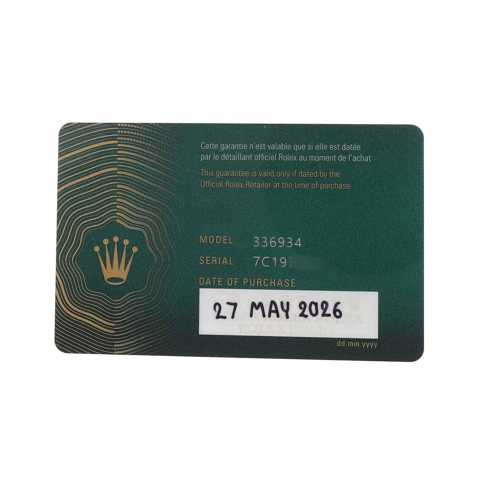 The image shows a warranty card for a Rolex Sky-Dweller 336934 Men's Stainless Steel Green Dial watch, displaying model and serial numbers.