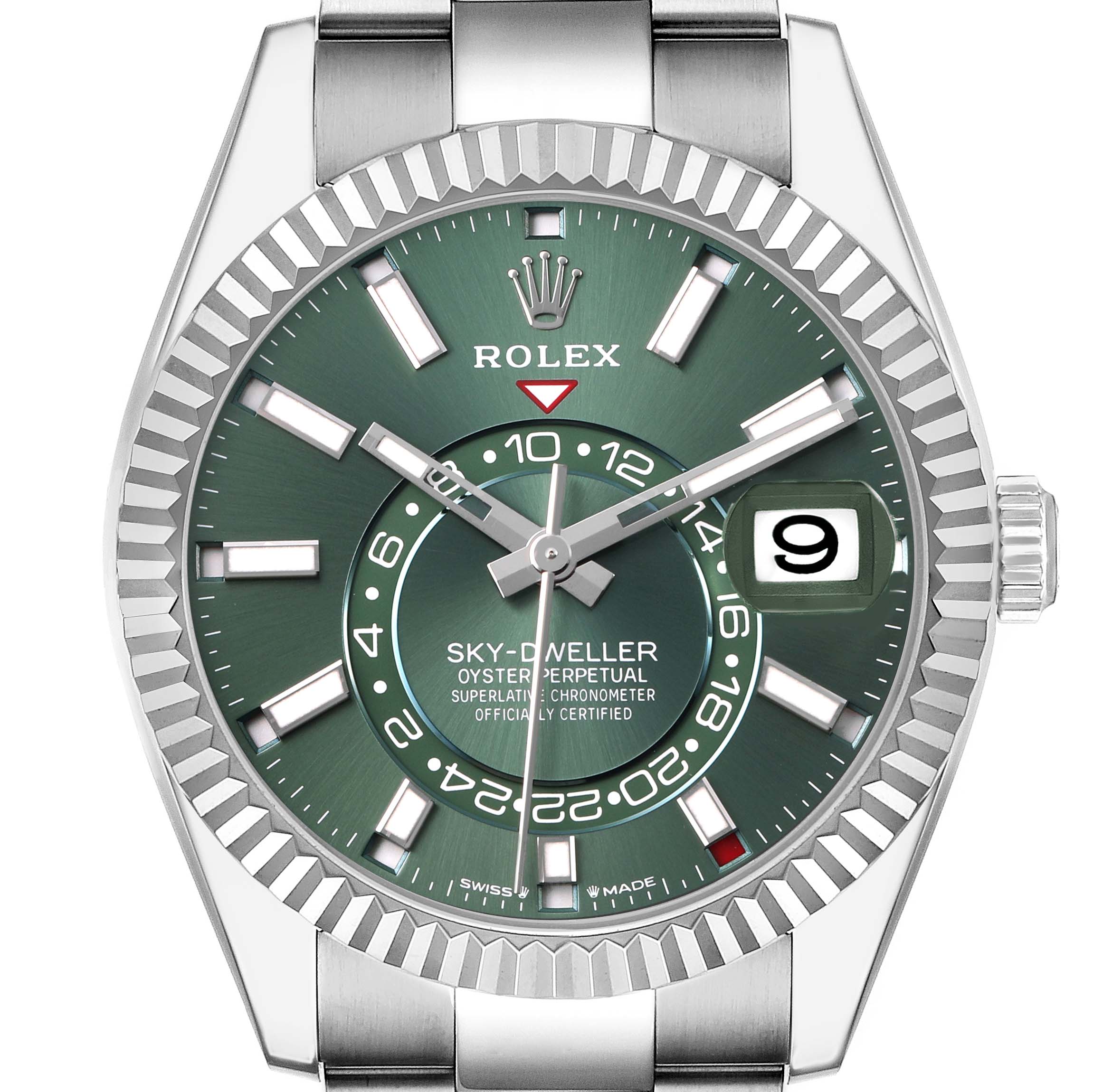 The image shows a front view of the Rolex Sky-Dweller 336934 Men's Stainless Steel Green Dial, highlighting the green dial, bezel, hands, date, and hour markers.