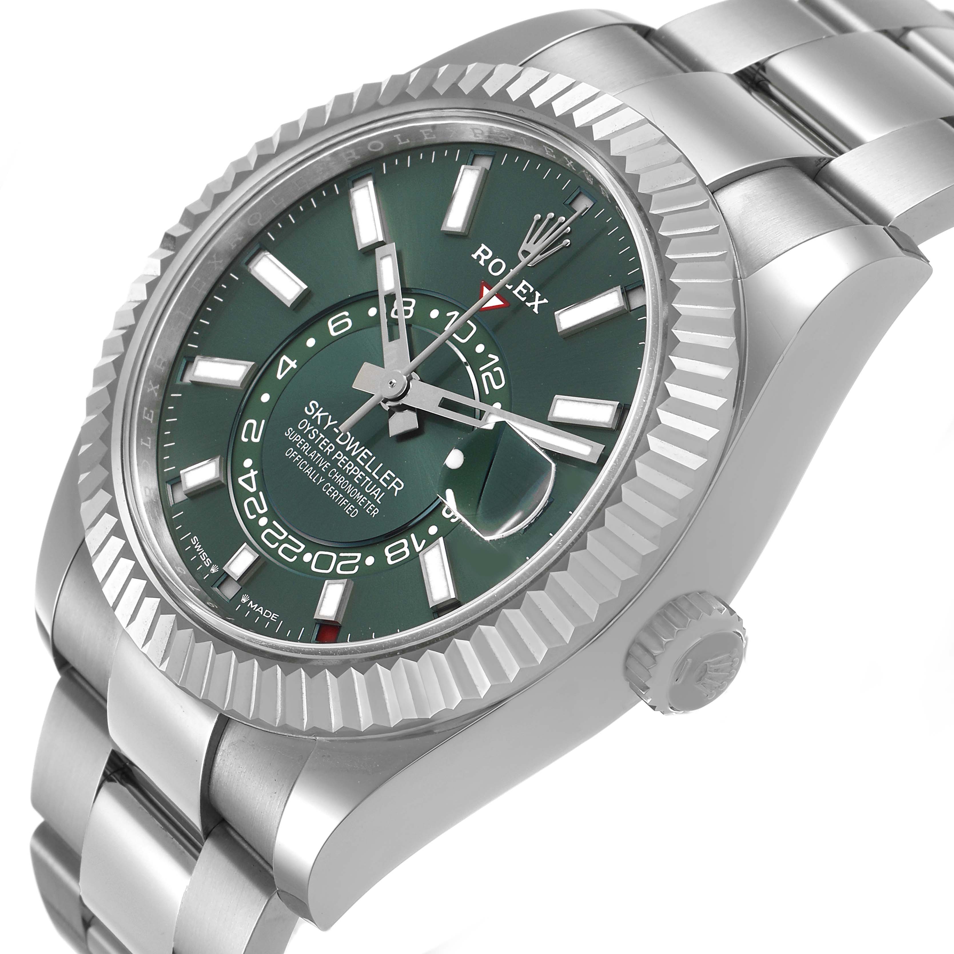 The Rolex Sky-Dweller 336934 Men's Stainless Steel Green Dial watch is shown at a slight side angle, highlighting its green dial, fluted bezel, and part of the bracelet.