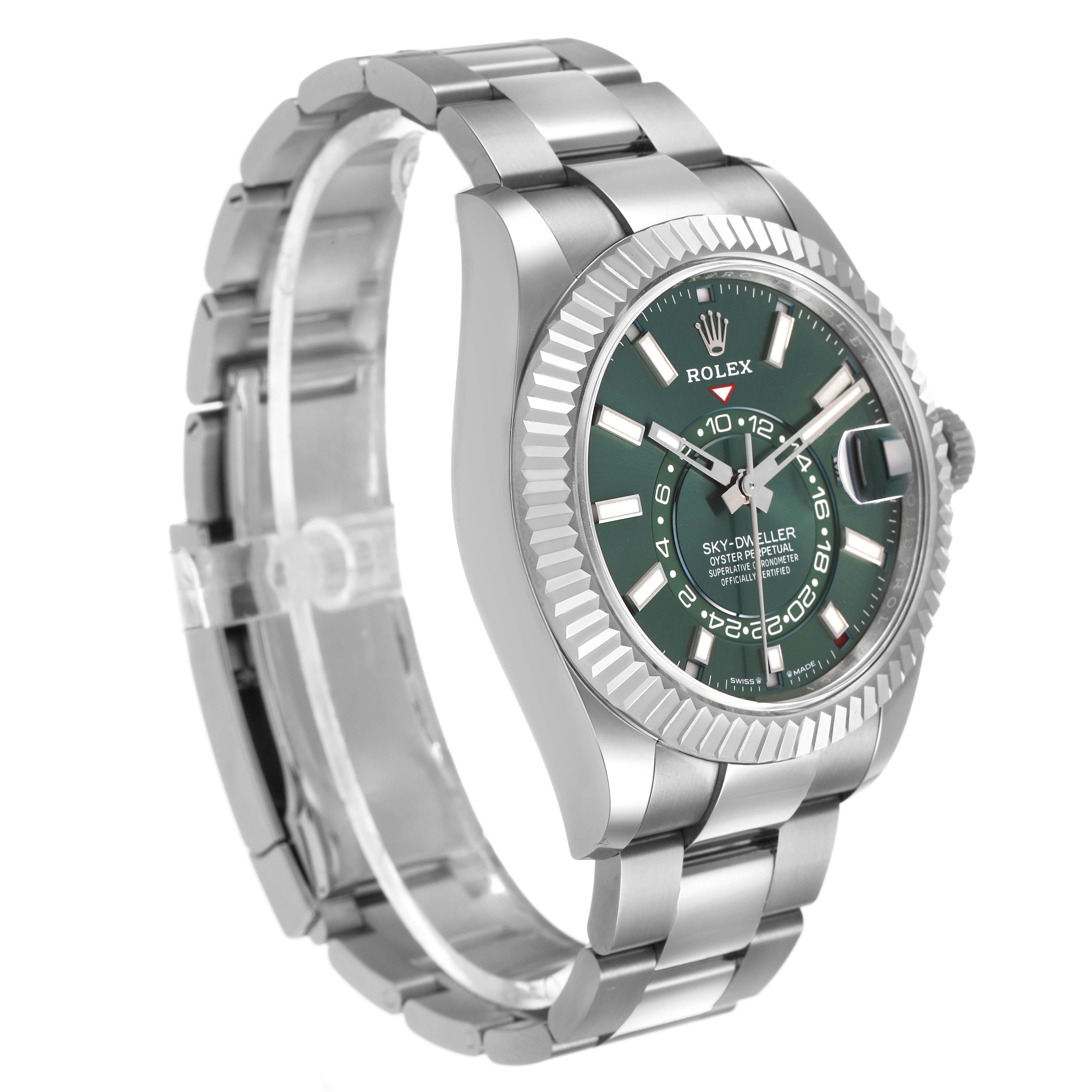The Rolex Sky-Dweller 336934 Men's Stainless Steel Green Dial watch is shown at a three-quarter angle, highlighting the bezel, dial, and bracelet.