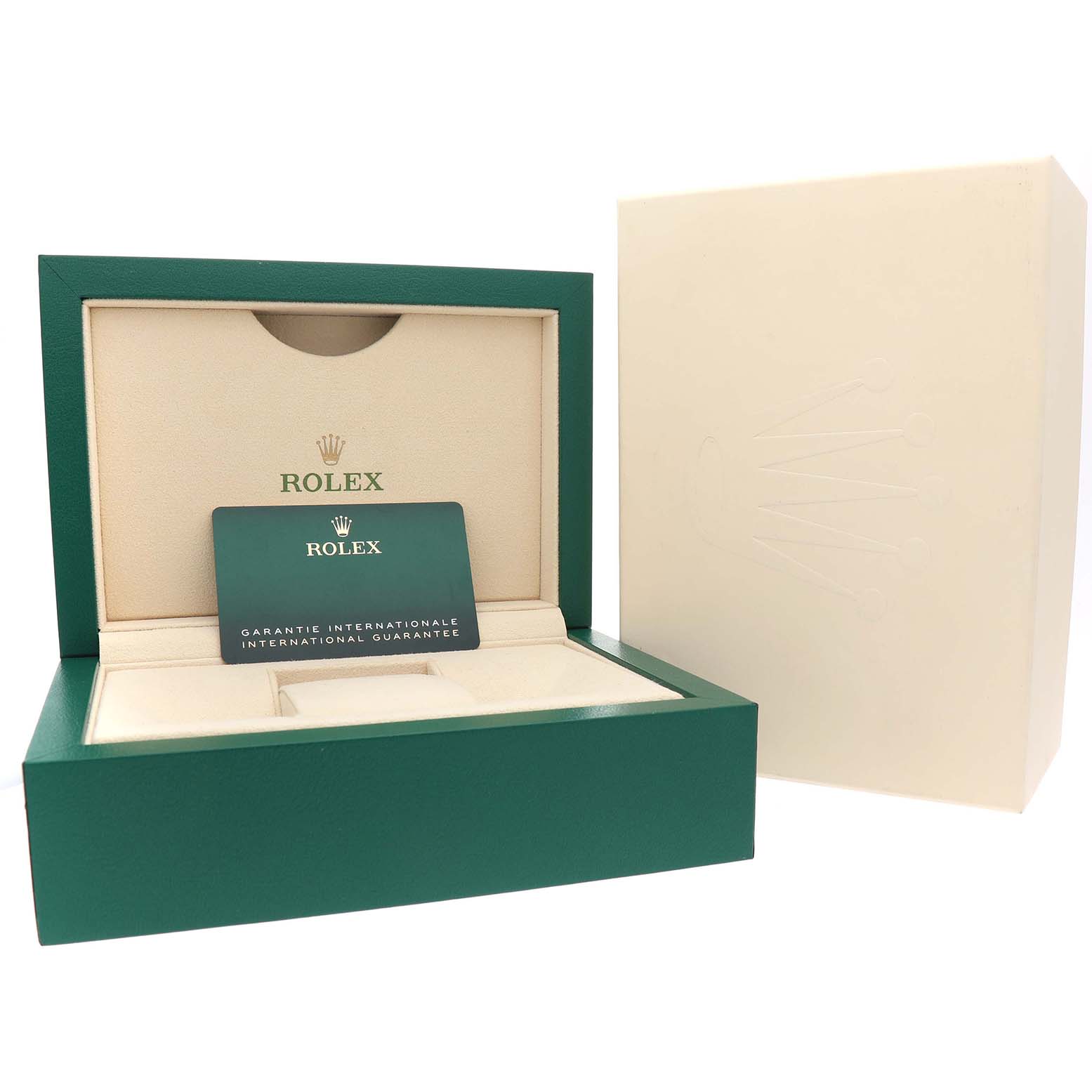 The image shows a Rolex Sky-Dweller 336934 Men's Stainless Steel Green Dial watch box, warranty card, and outer packaging from a front angle.