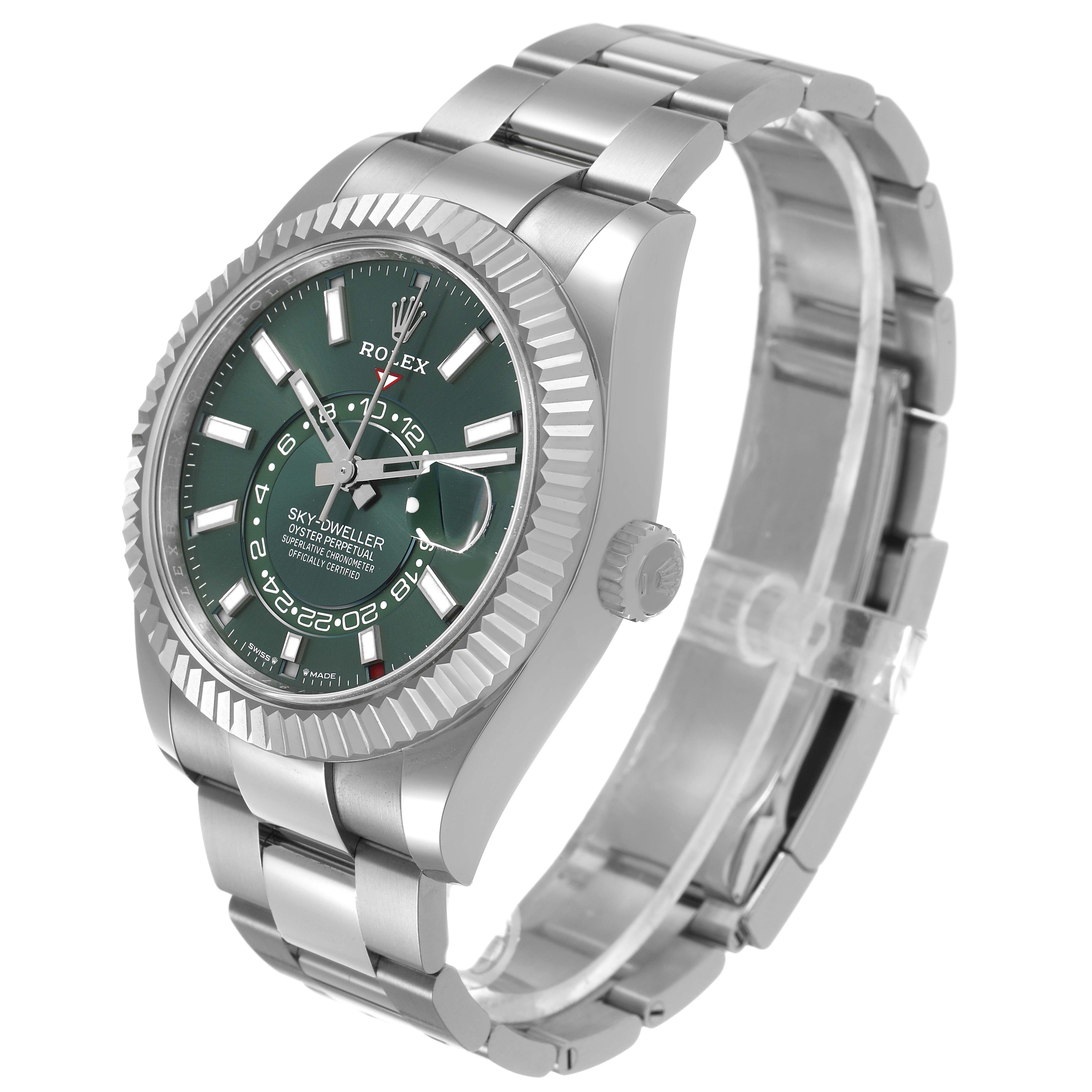 The Rolex Sky-Dweller 336934 Men's Stainless Steel Green Dial watch is shown from a three-quarter angle, displaying the face, bezel, crown, and bracelet.