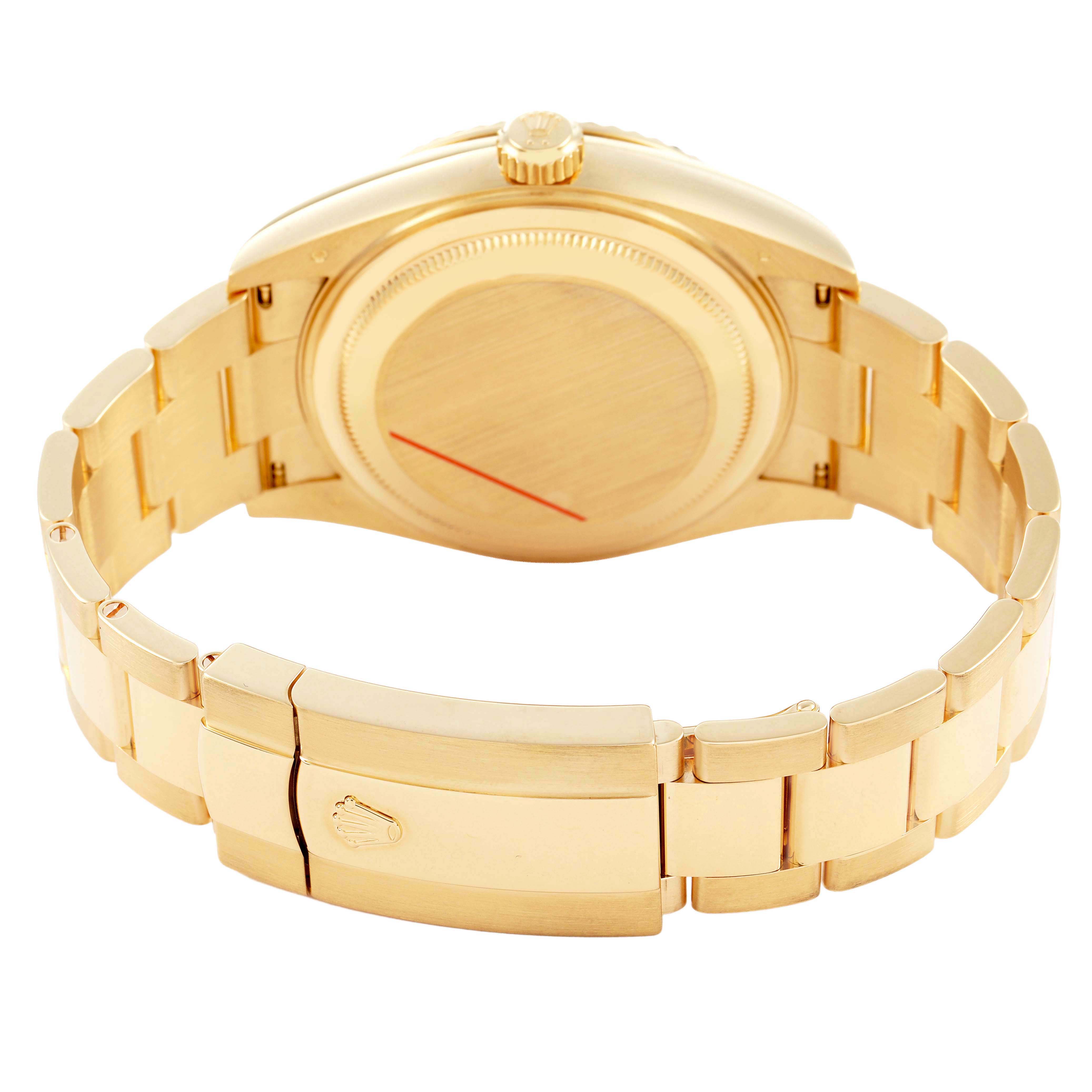 The image shows the backside of the Rolex Sky-Dweller 336938 Men's Yellow Gold White Dial, highlighting its clasp, case back, and bracelet links at an angled view.