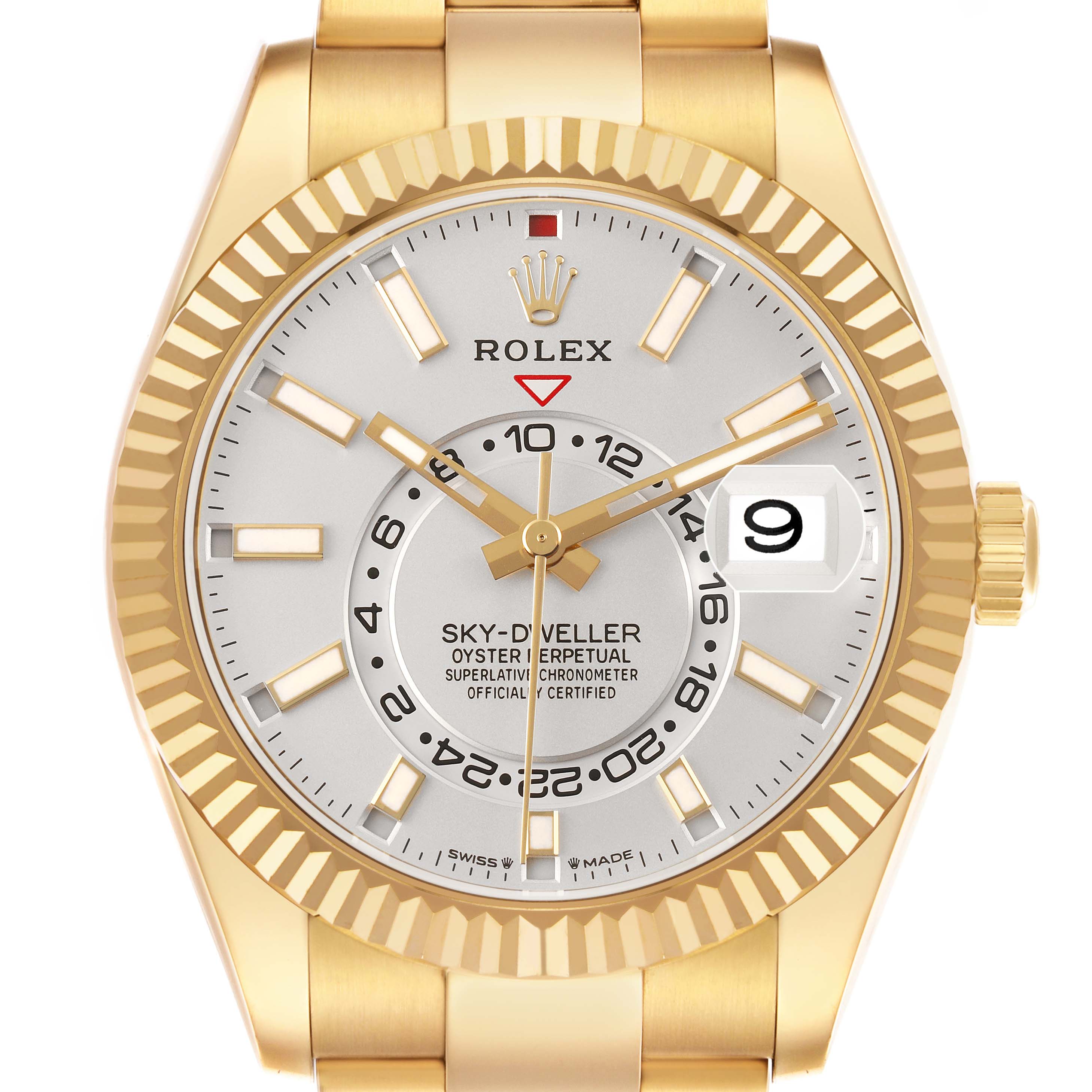The Rolex Sky-Dweller 336938 Men's Yellow Gold White Dial watch is shown from a front angle, highlighting its face, bezel, hands, date window, and crown.