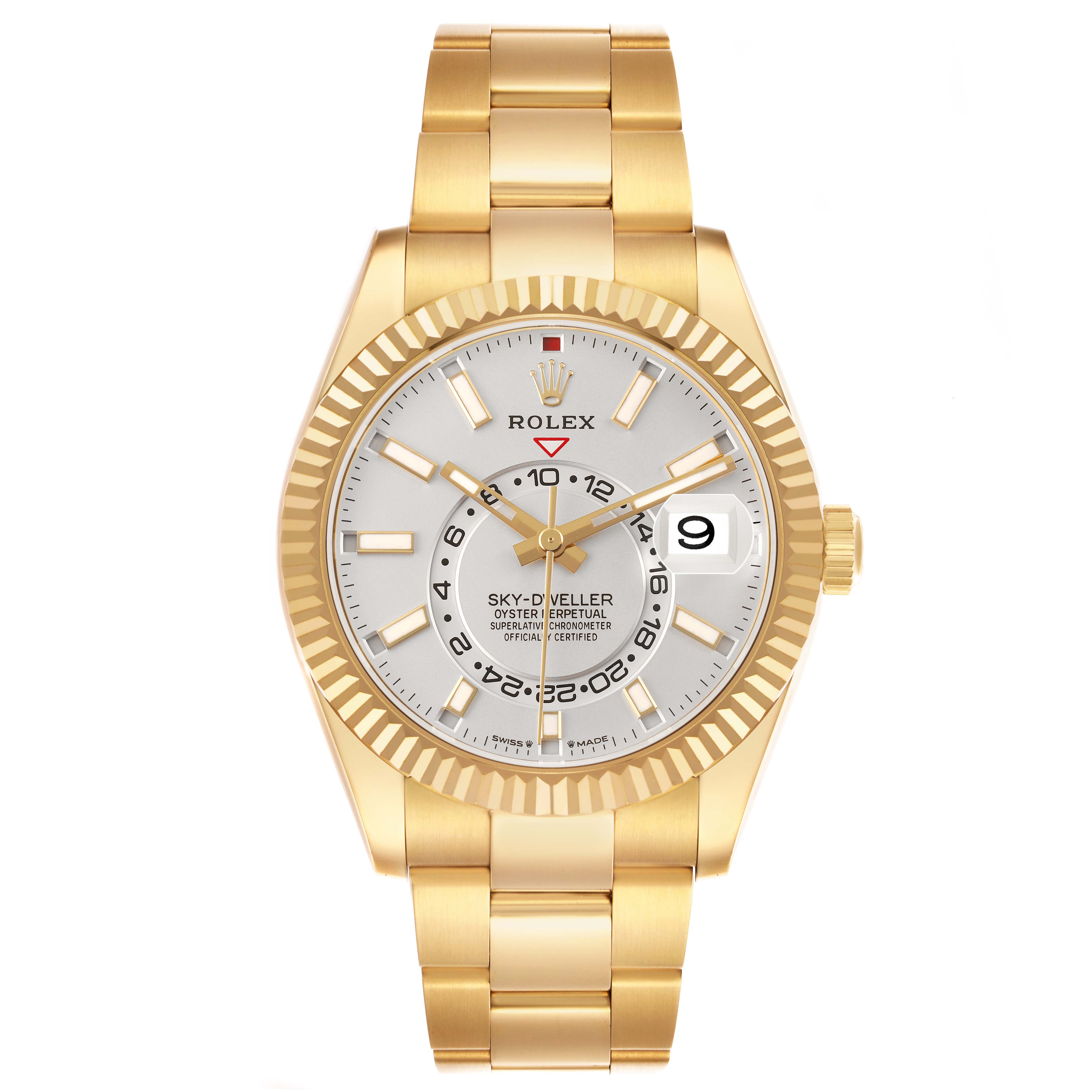 The Rolex Sky-Dweller 336938 Men's Yellow Gold White Dial watch is shown from the front, displaying the dial, bezel, bracelet, and crown.