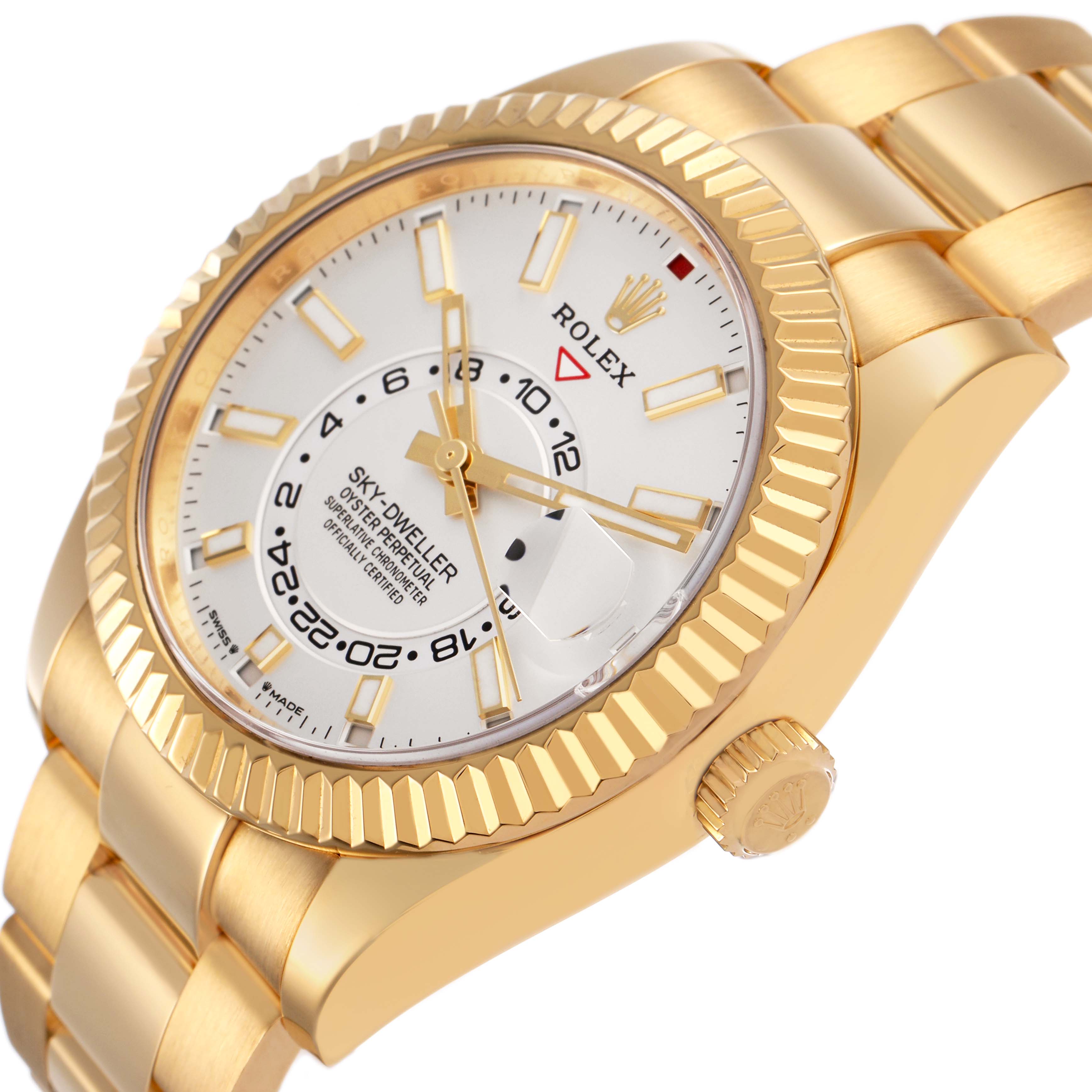 The Rolex Sky-Dweller 336938 Men's Yellow Gold White Dial watch is shown at an oblique angle highlighting the gold case, bracelet, fluted bezel, and dial details.
