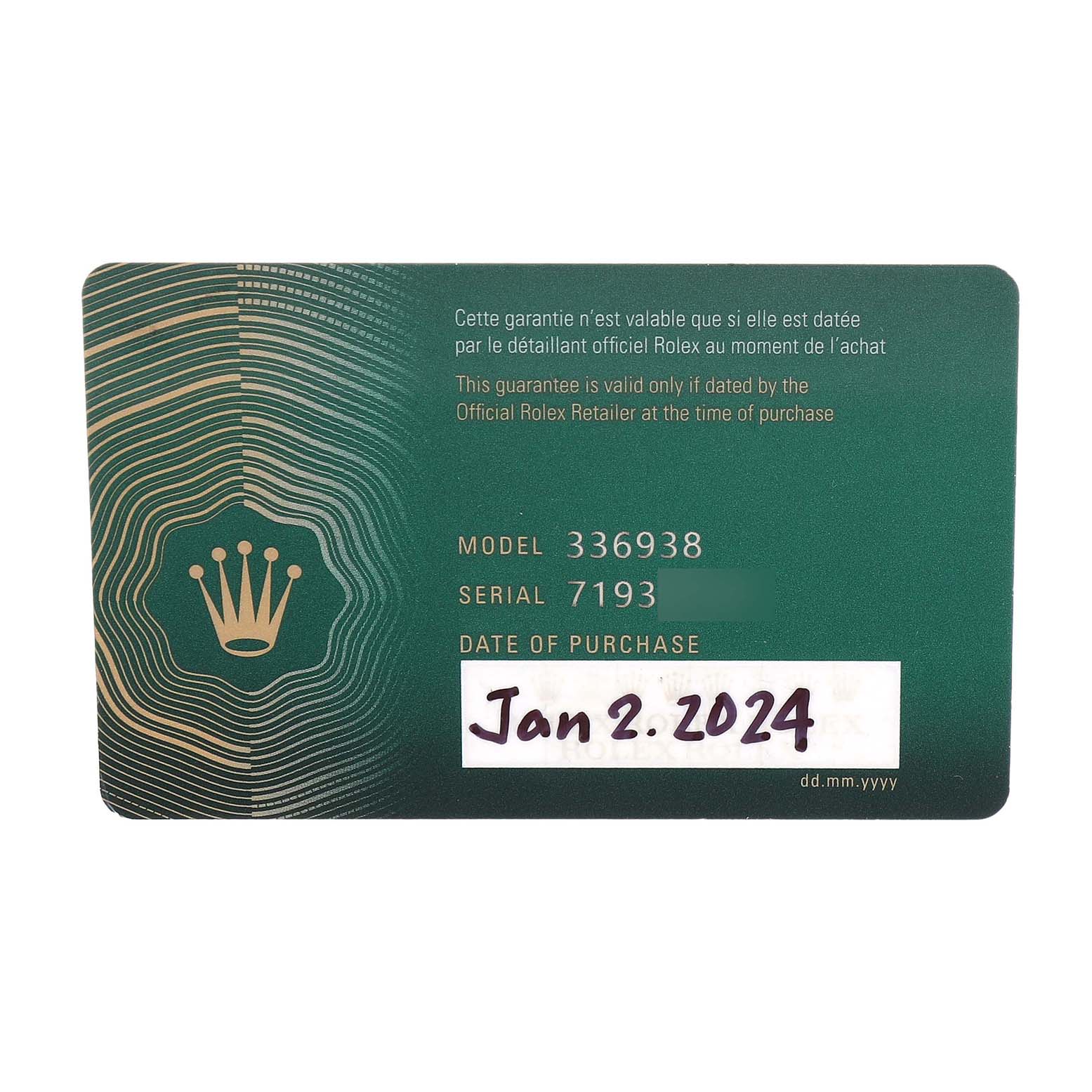 The image shows a Rolex Sky-Dweller 336938 Men's Yellow Gold White Dial model warranty card with model, serial number, and purchase date.