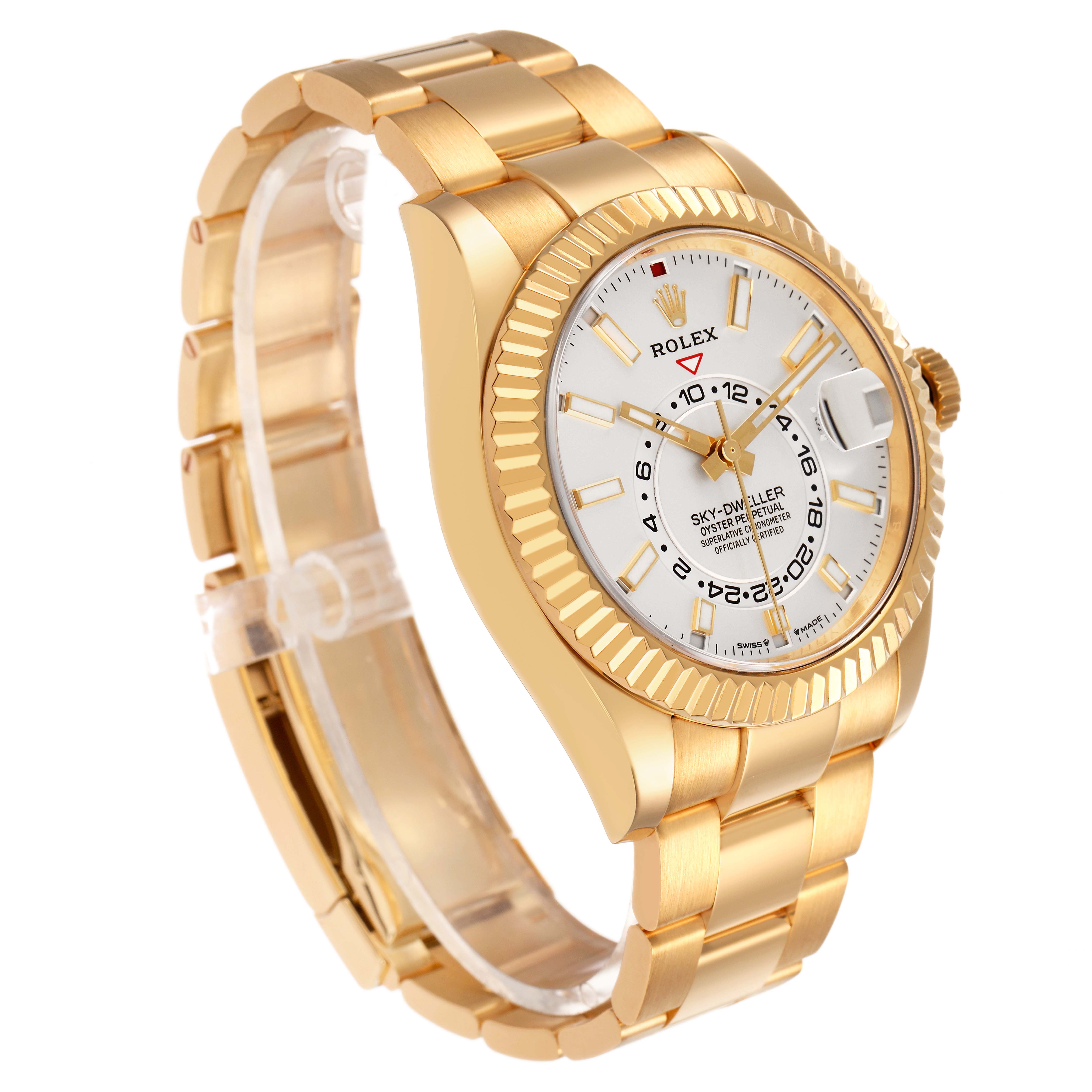 The Rolex Sky-Dweller 336938 Men's Yellow Gold White Dial watch is shown at a three-quarter angle, highlighting the gold case, bracelet, white dial, and fluted bezel.