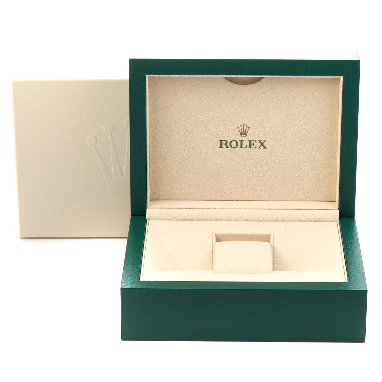The image shows an open Rolex Sky-Dweller 336238 Men
s Yellow Gold Silver Dial 336238 Men
s Yellow Gold Silver Dial watch box with a green and beige interior, displaying the brand logo.