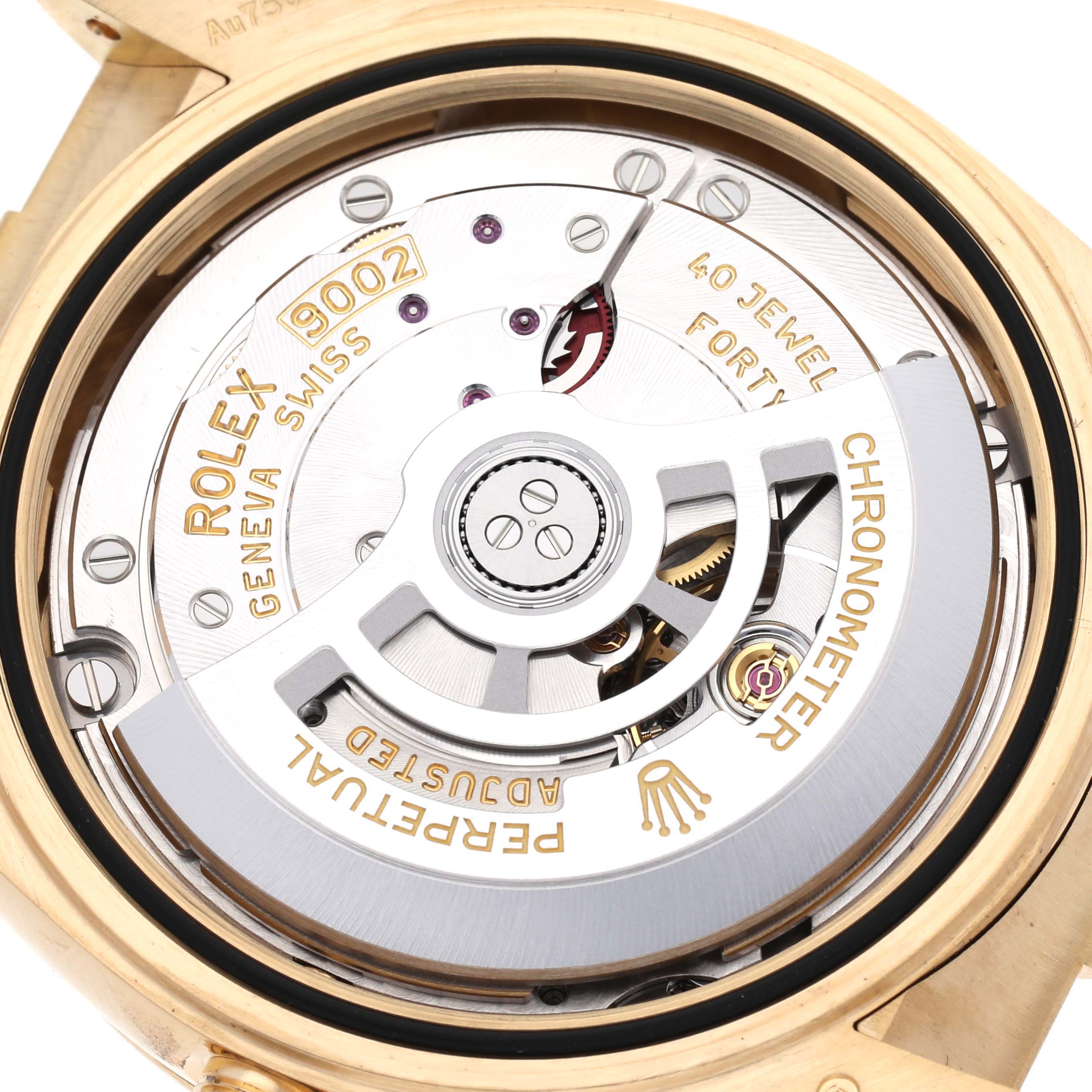 The image shows the movement of the Rolex Sky-Dweller 336238 Men
s Yellow Gold Silver Dial 336238 Men
s Yellow Gold Silver Dial watch, highlighting its intricate mechanical components from the back.