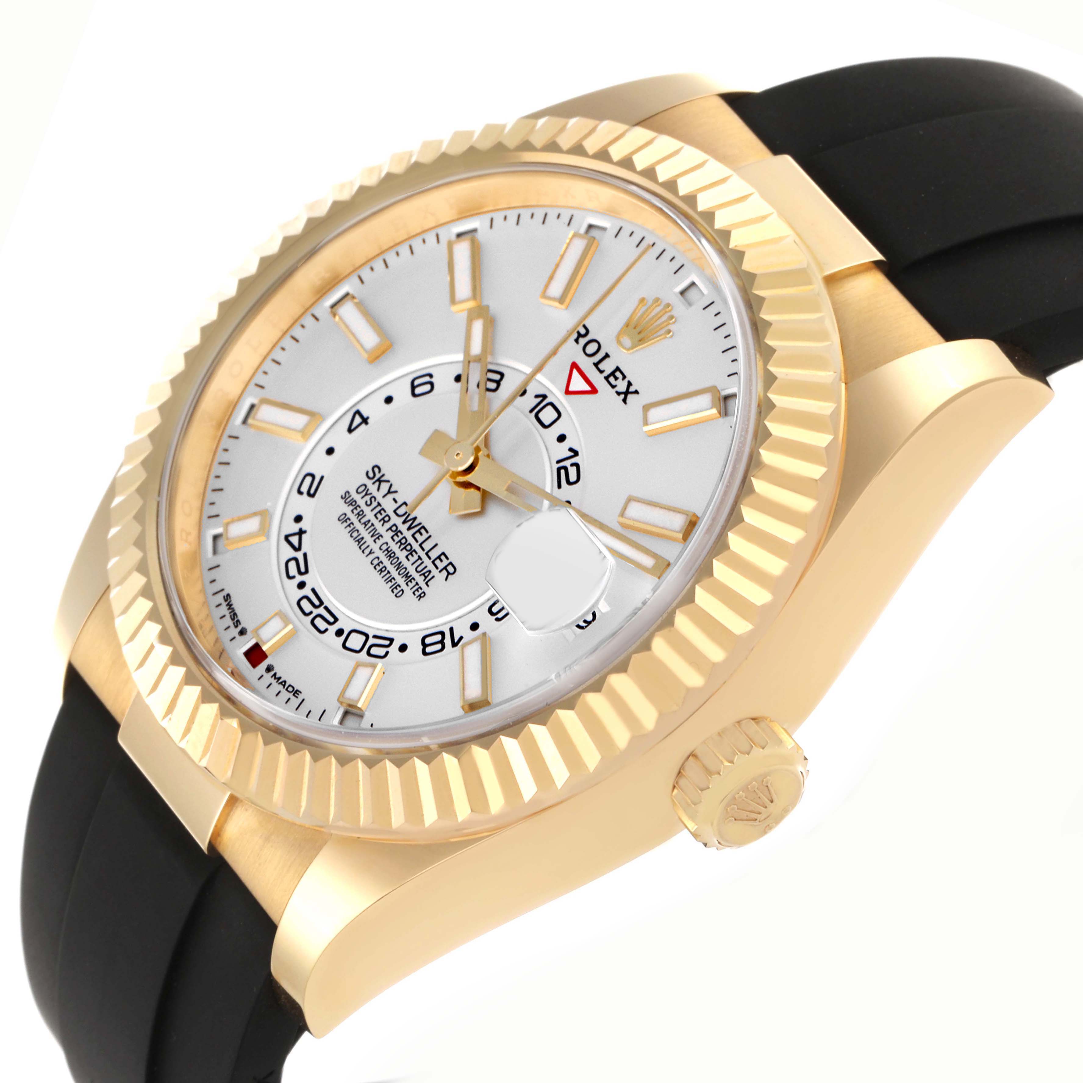 The Rolex Sky-Dweller 336238 Men
s Yellow Gold Silver Dial 336238 Men
s Yellow Gold Silver Dial watch is shown at an angle highlighting its face, bezel, crown, and strap.