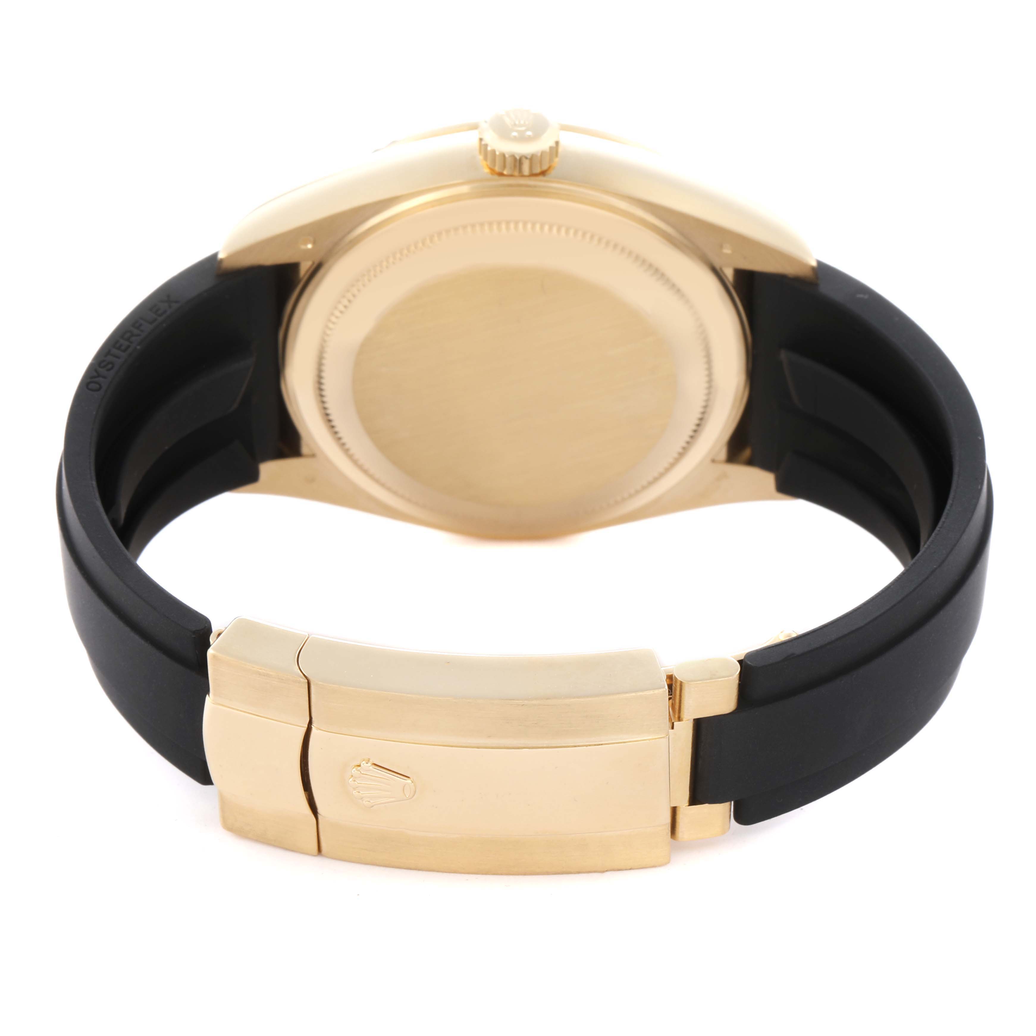 This image shows the back case, crown, and clasp of a Rolex Sky-Dweller 336238 Men
s Yellow Gold Silver Dial 336238 Men
s Yellow Gold Silver Dial, with a focus on the bracelet and case back.