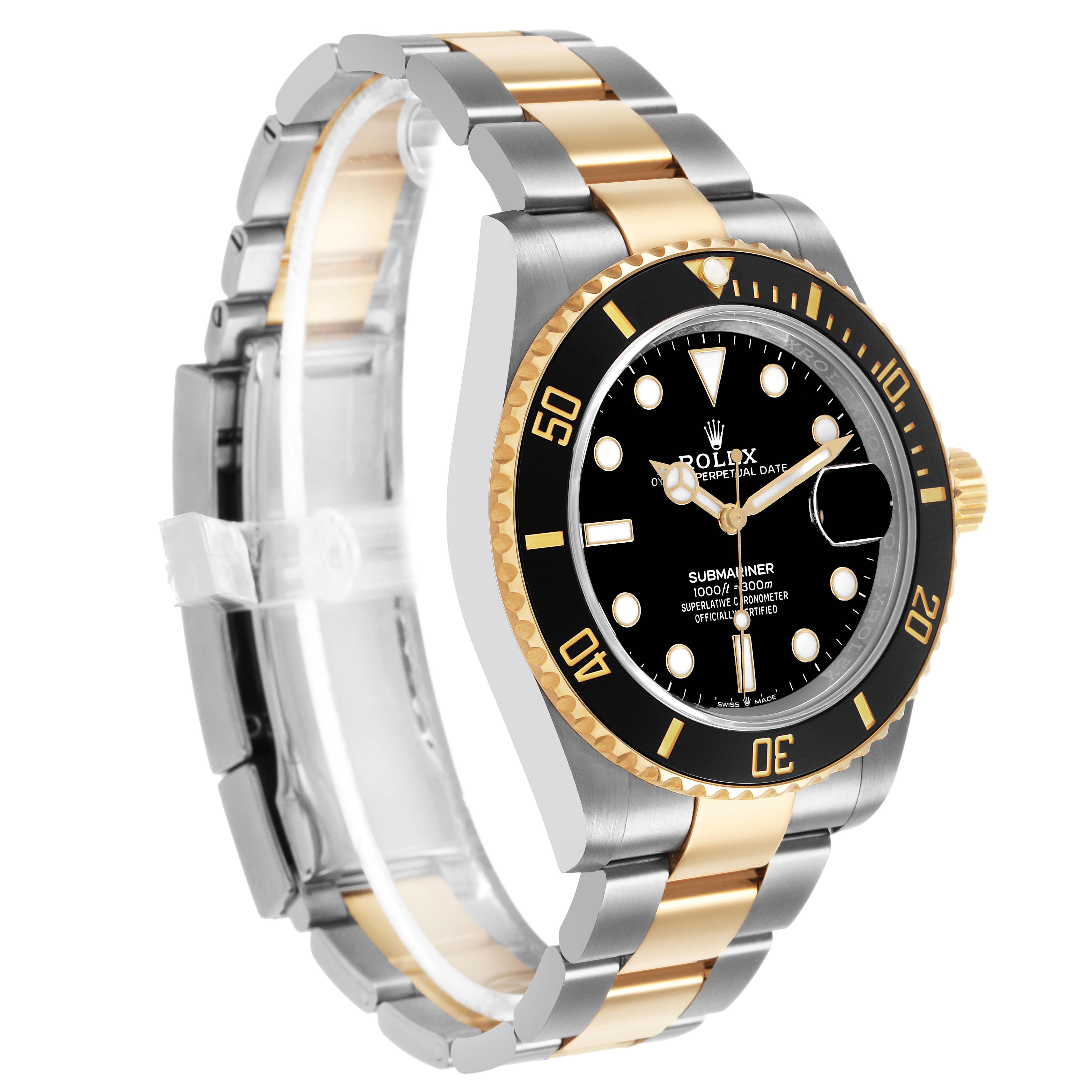 The Rolex Submariner 126613 Men's Steel and Gold (two tone) Black Dial watch is shown at a three-quarter angle, highlighting its two-tone bracelet, black dial, and rotating bezel.