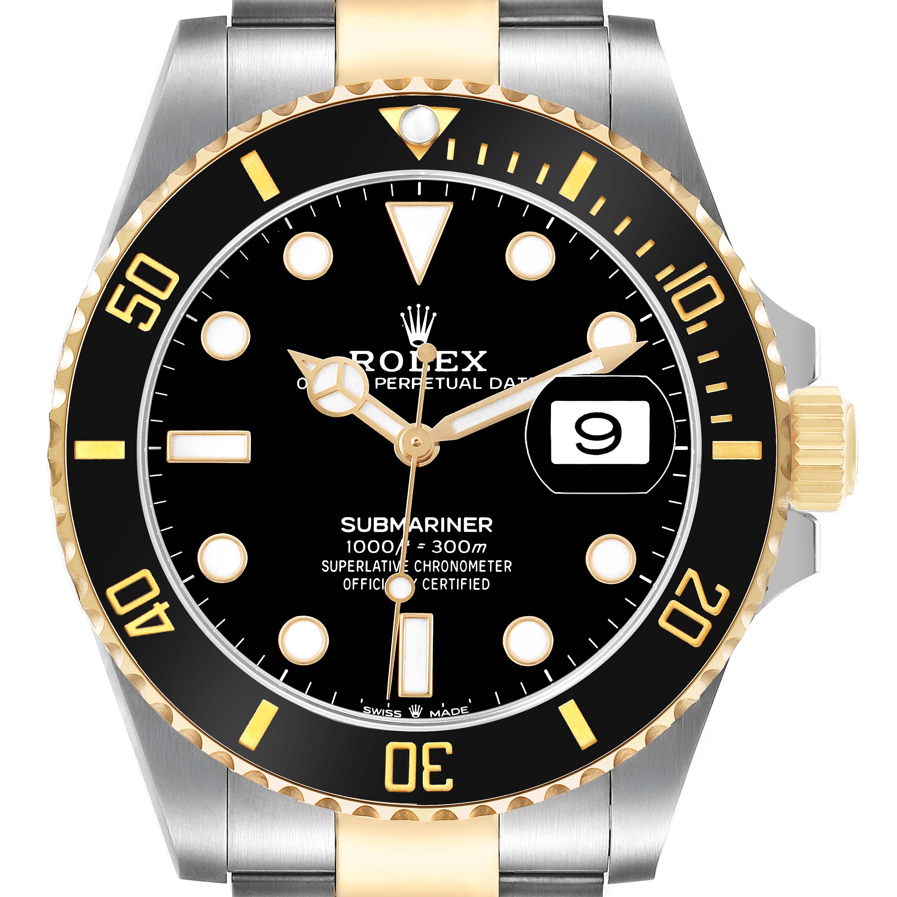The Rolex Submariner 126613 Men's Steel and Gold (two tone) Black Dial watch is shown from a front angle highlighting its dial, bezel, crown, and bracelet links.