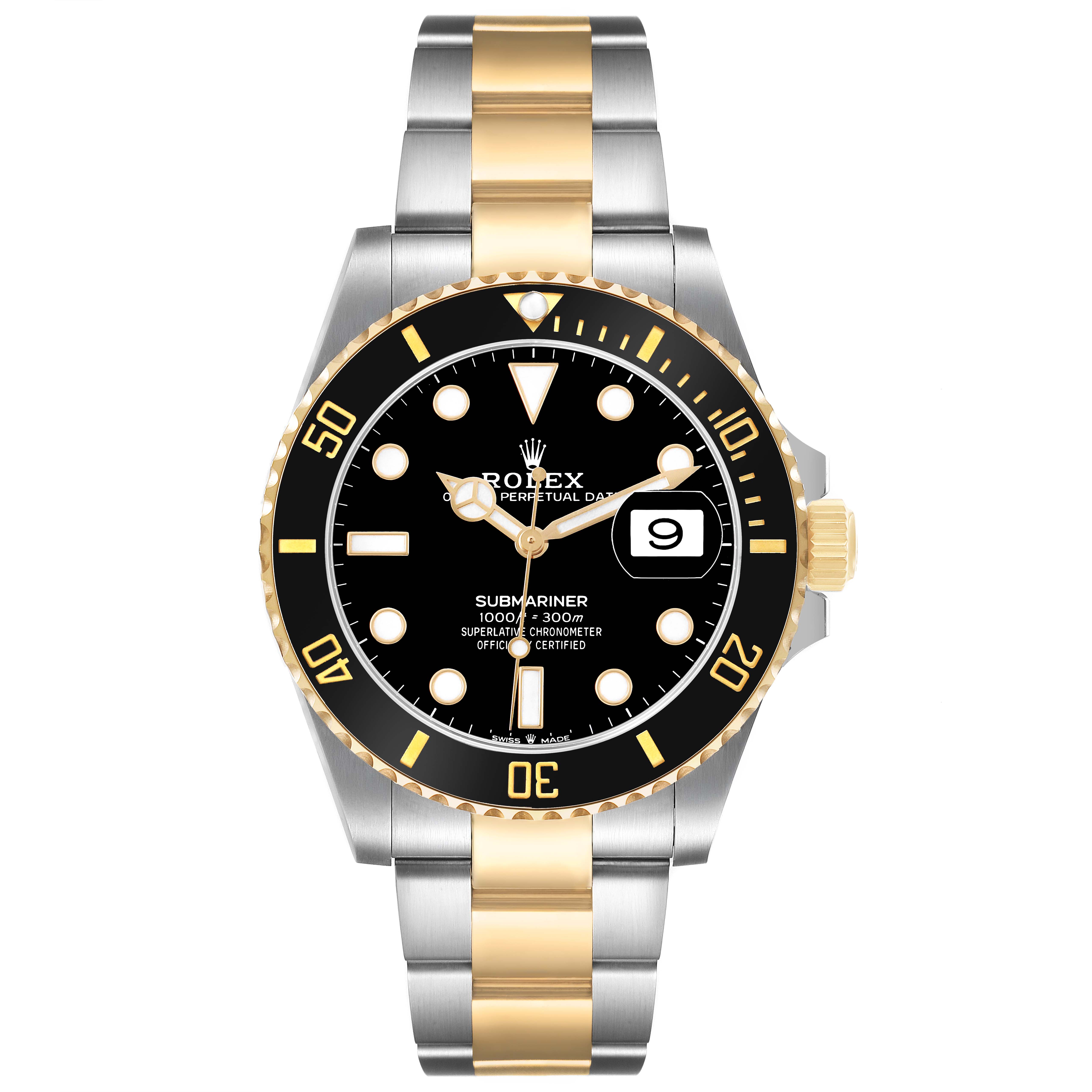 The Rolex Submariner 126613 Men's Steel and Gold (two tone) Black Dial watch is shown from the front, displaying the bezel, dial, hands, and two-tone bracelet.