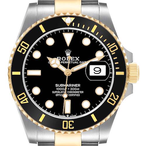 The Rolex Submariner 126613 Men's Steel and Gold (two tone) Black Dial watch is shown from the front, highlighting its bezel, dial, hands, and date window.