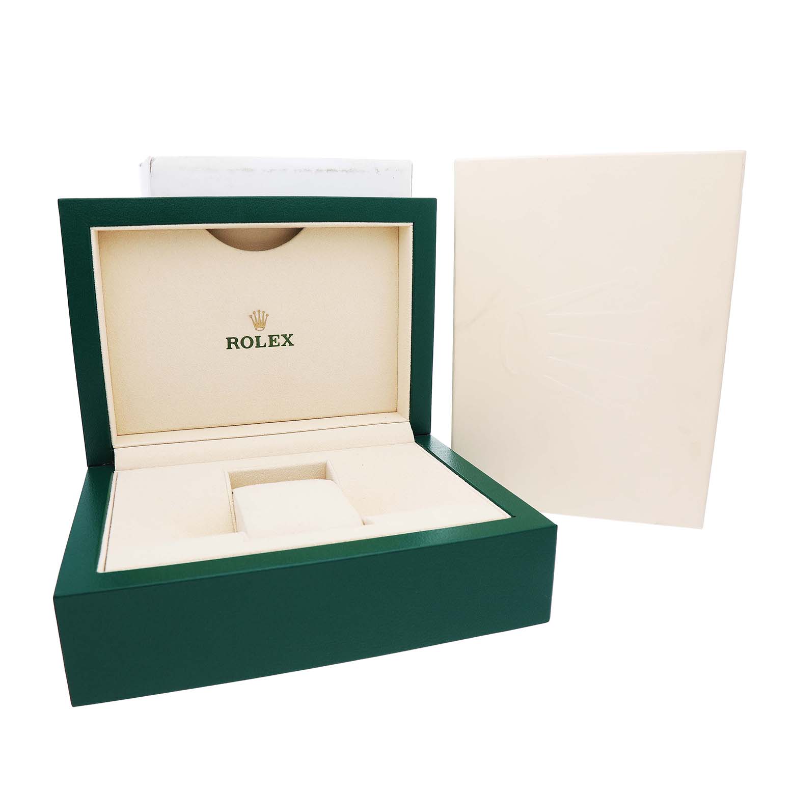 The image shows a Rolex Submariner 126613 Men's Steel and Gold (two tone) Black Dial watch box open, revealing a beige interior with the Rolex logo, and an adjacent cover.