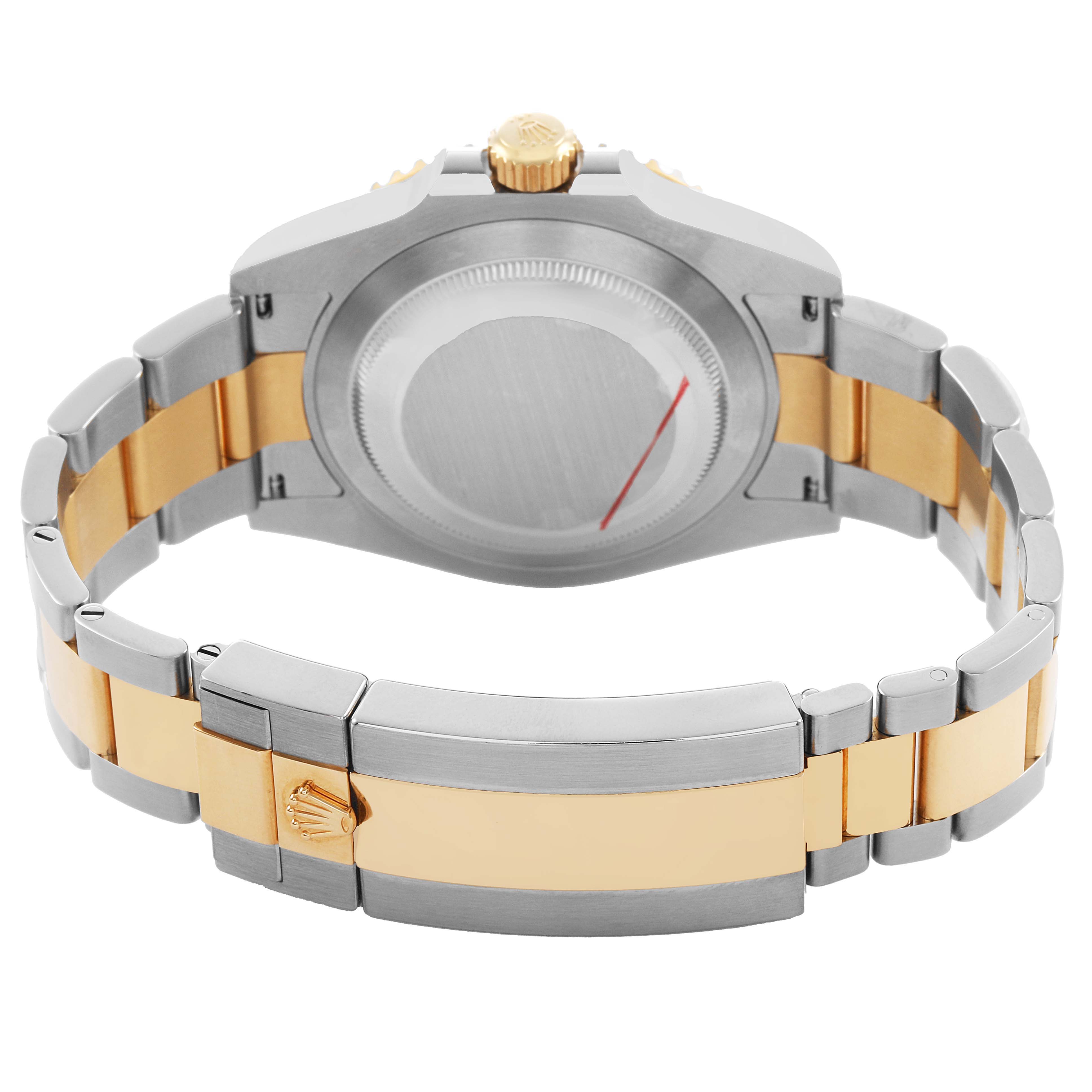 The image shows the back view of a Rolex Submariner 126613 Men's Steel and Gold (two tone) Black Dial watch, highlighting the case back, crown, and two-tone bracelet.